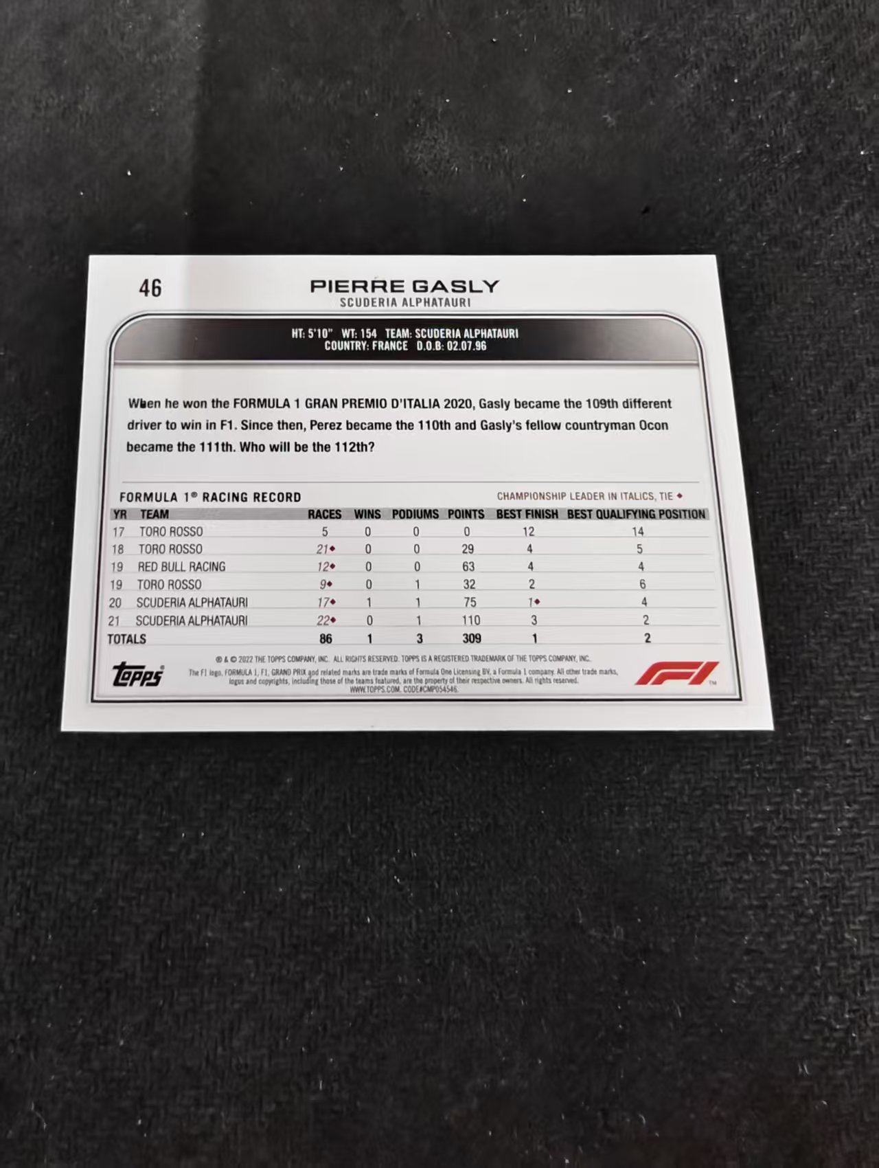 2022 Topps Chrome F1 Pierre Gasly 皮埃尔 加斯利 小红牛 划痕 边角瑕疵 @46