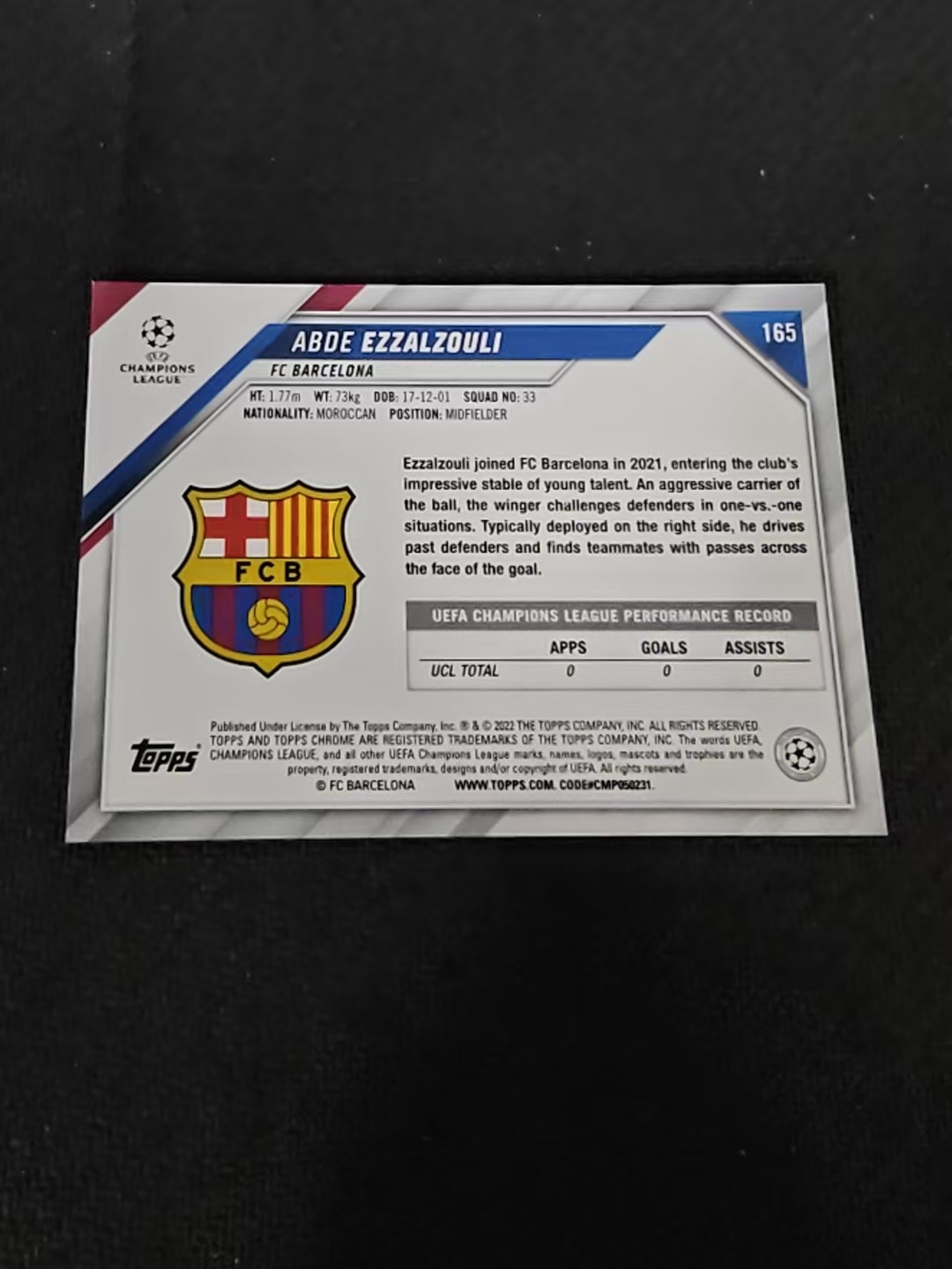 【可合并,不累计】2022 Topps Chrome Abde Ezzalzouli 埃扎尔祖利 巴萨 欧冠 不保卡品 介意勿拍 #165