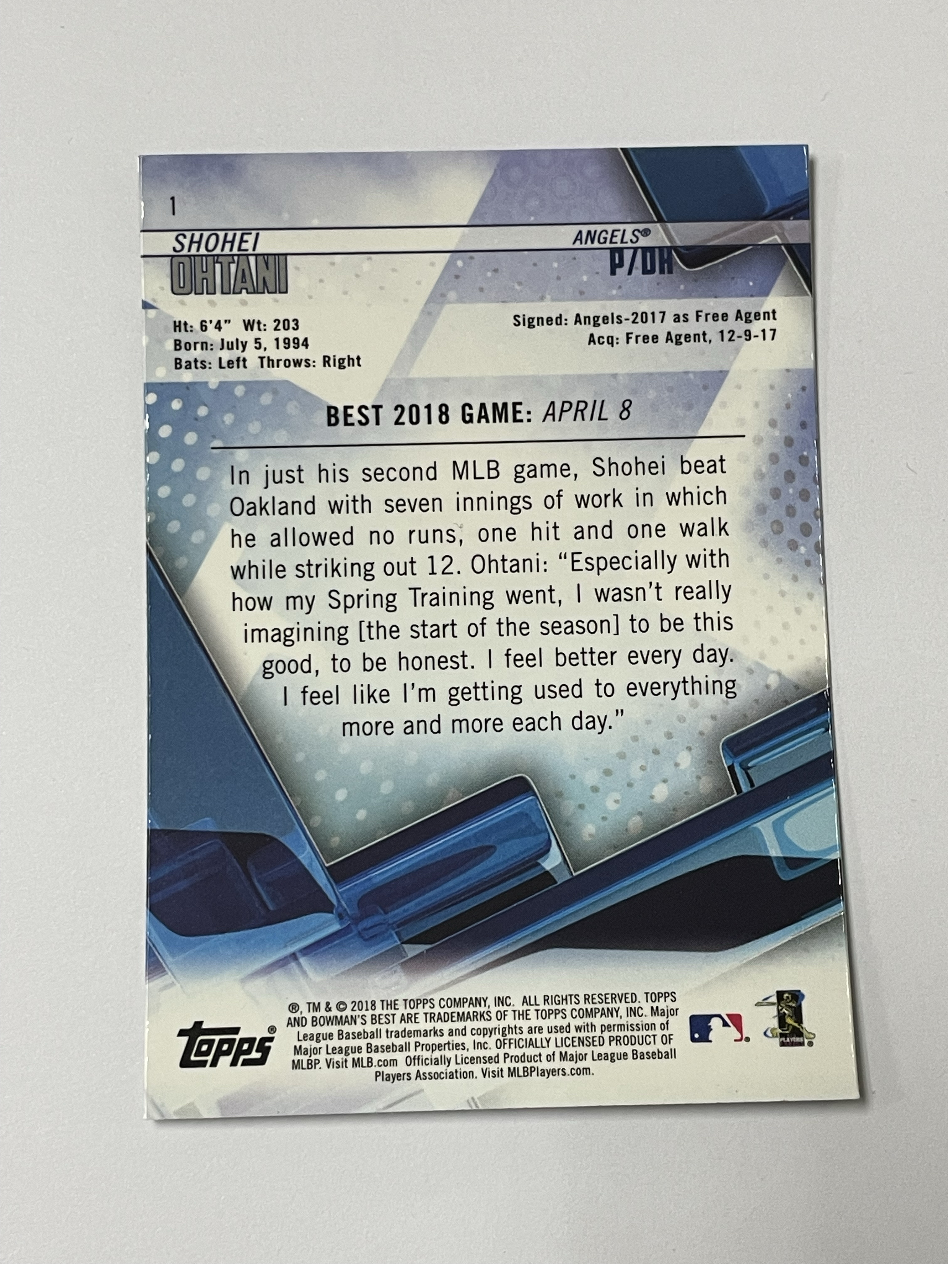 2018 Topps Bowman's Best Shohei Ohtani RC 洛杉矶天使 大谷翔平 新秀 Base 第一张