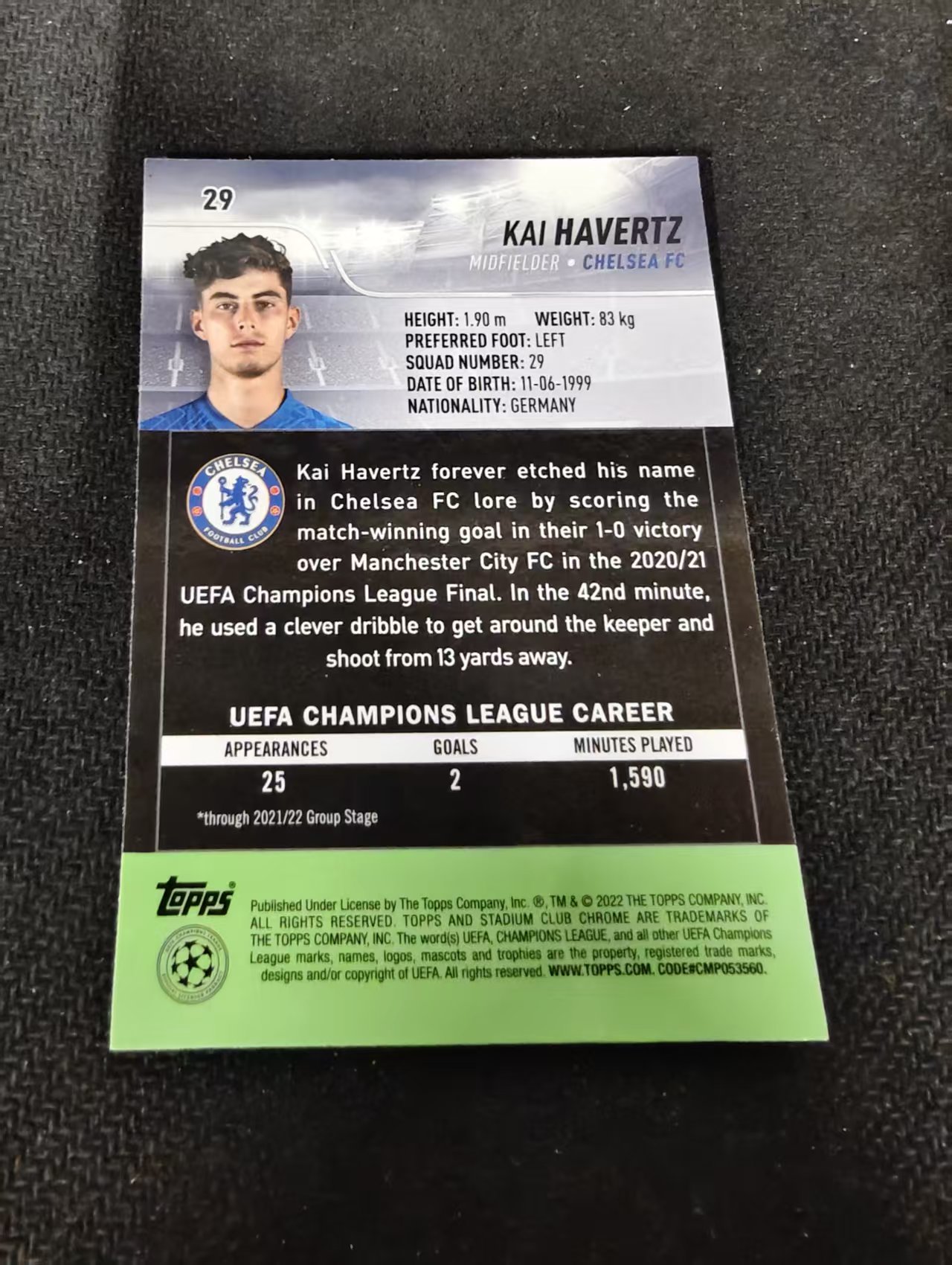 【可合并,不累计】2022 Topps Stadium Club Chrome KAI HAVERTZ 凯 哈弗茨 切尔西 德国 竞技场 欧冠 划痕 边角瑕疵 #29