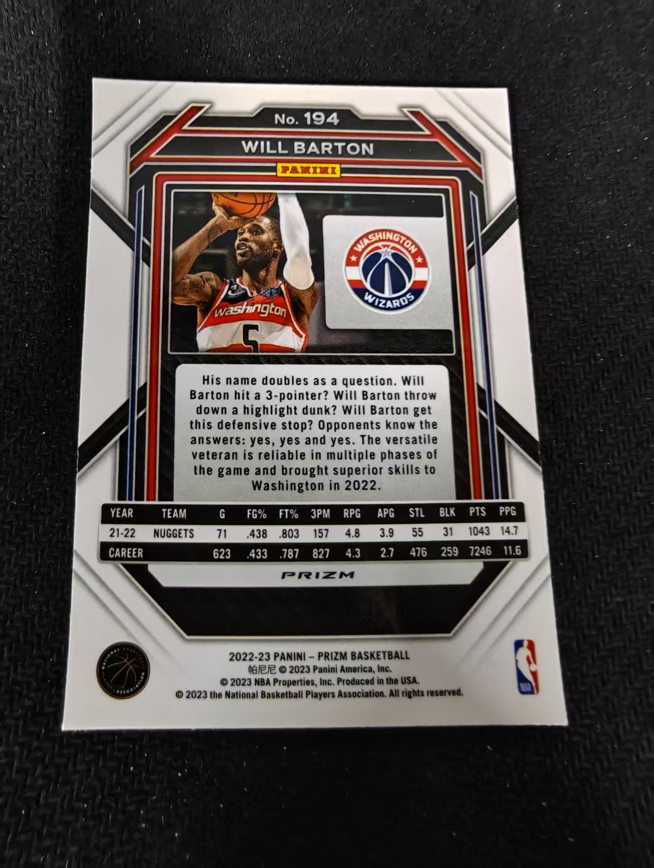 2022-23 Panini Prizm Will Barton 奇才 威尔巴顿 红波纹 PZ 划痕 边角瑕疵 #194