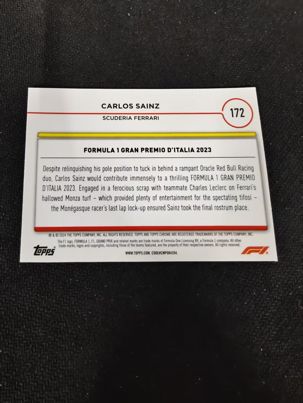 2024 Topps Chrome Carlos Sainz 卡洛斯 赛恩斯 法拉利车队 F1 划痕 边角瑕疵 #172
