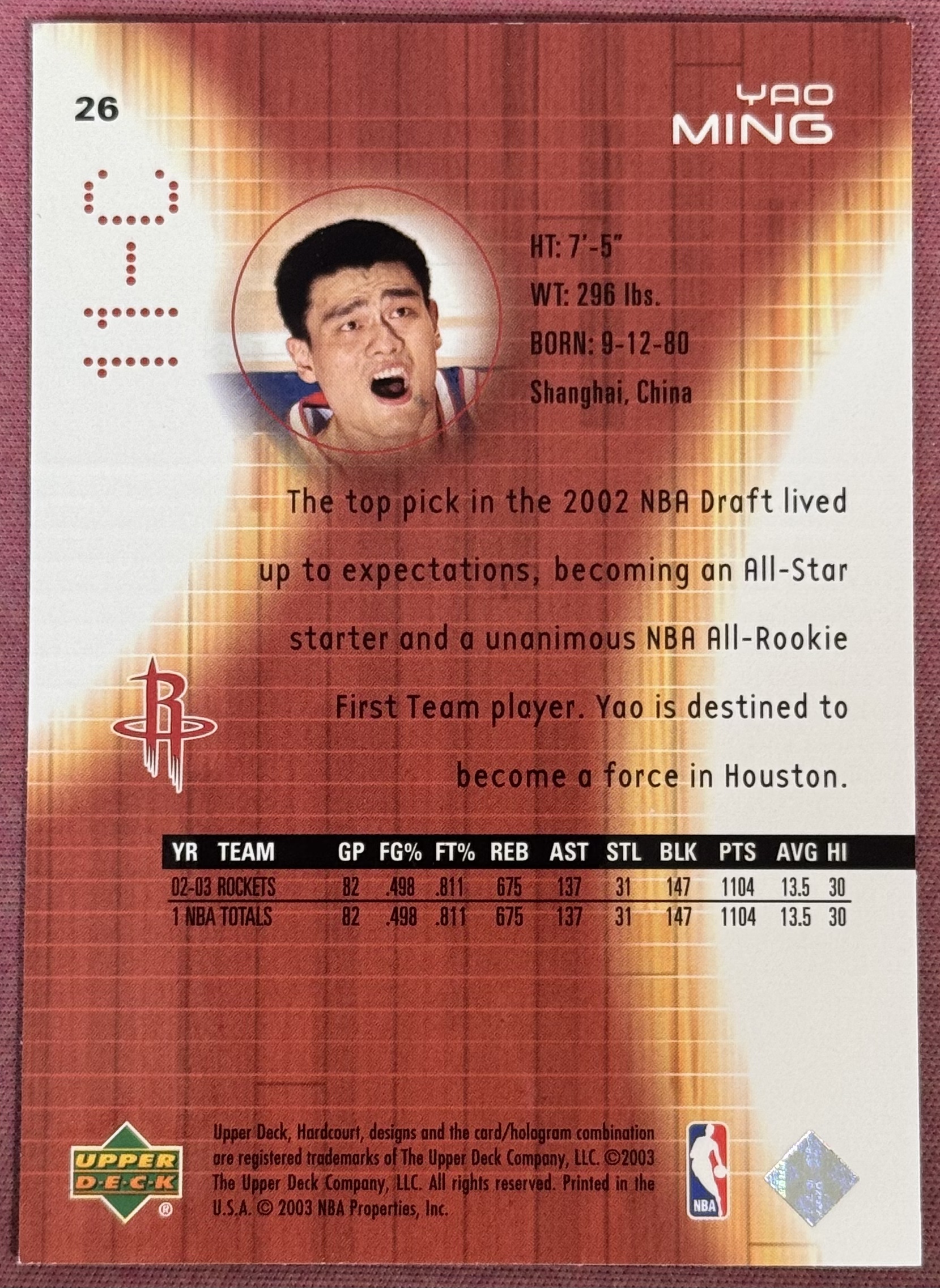 2003 Upper Deck NBA Yao Ming 姚明 中国长城 火箭新秀选图特卡 卡品如图 #8(登)