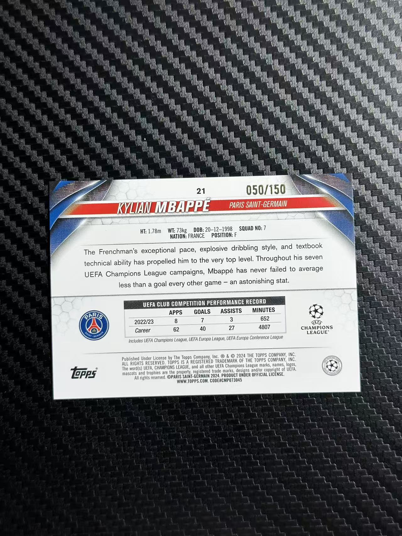 2024 Topps UCC Kylian Mbappe 欧冠 龙年 碧玉 姆巴佩 巴黎圣日耳曼 新年折 050/150编 卡品如图 拍前看描述
