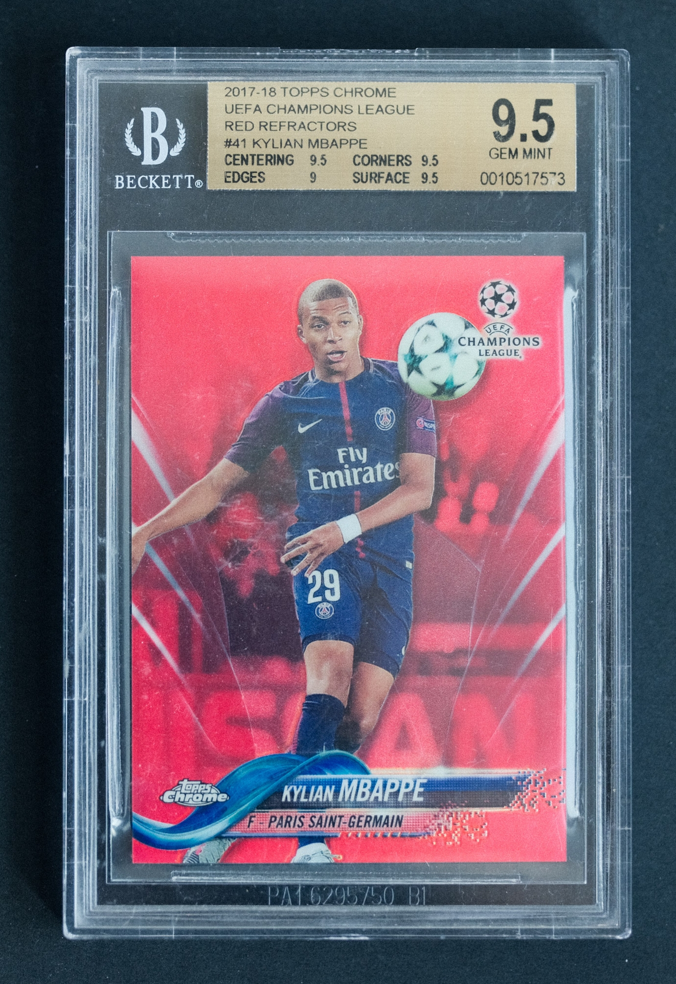 2017-18 Topps UEFA Champions League Kylian Mbappe RC 姆巴佩 元年 Topps Chrome 歐冠 新秀 紅折 金標10/10 皇馬 國家隊 雙同背