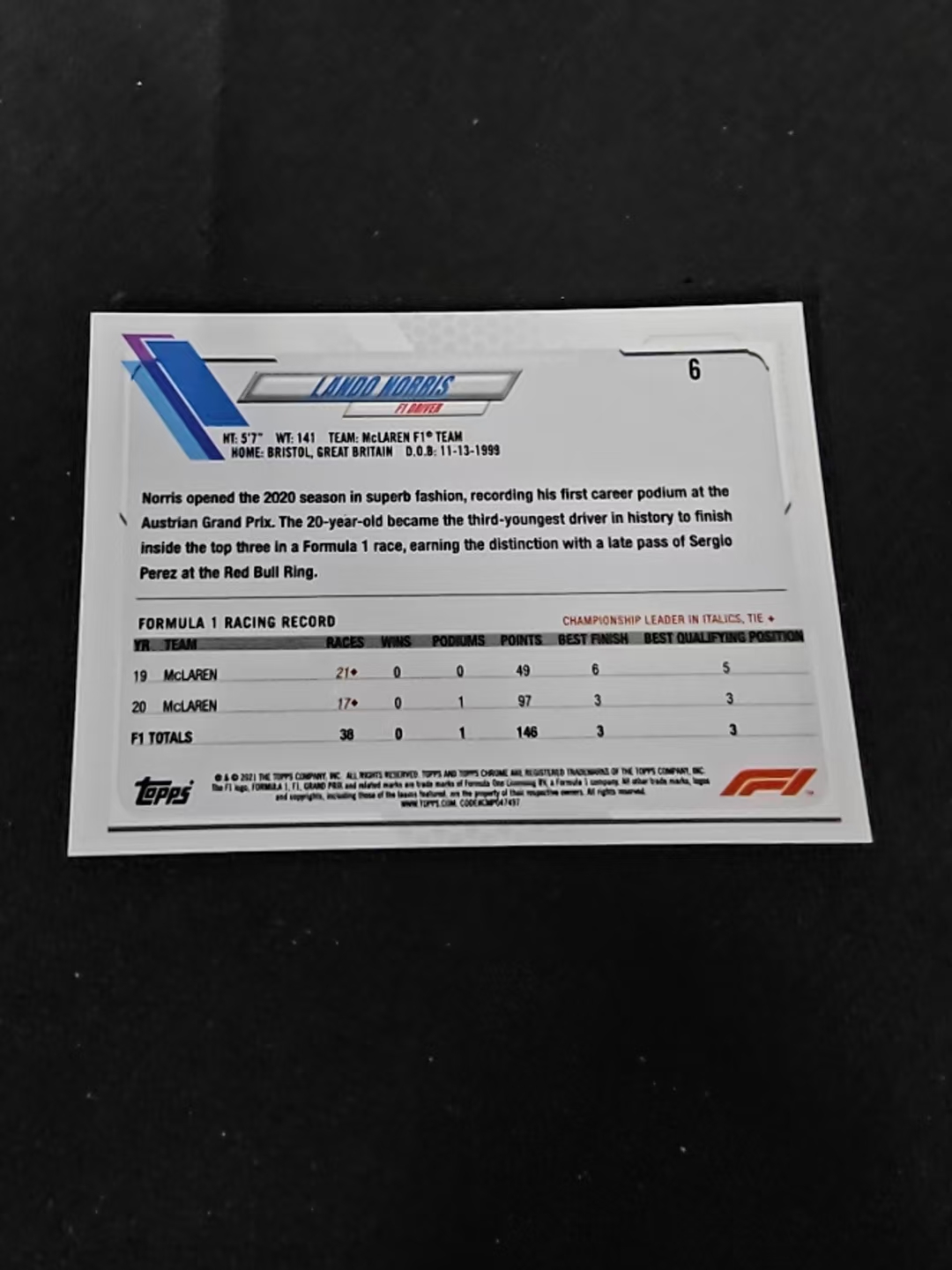 2021 TOPPS CHROME LANDO NORRIS F1 赛车 迈凯伦车队 兰多诺里斯 划痕 边角瑕疵 #6