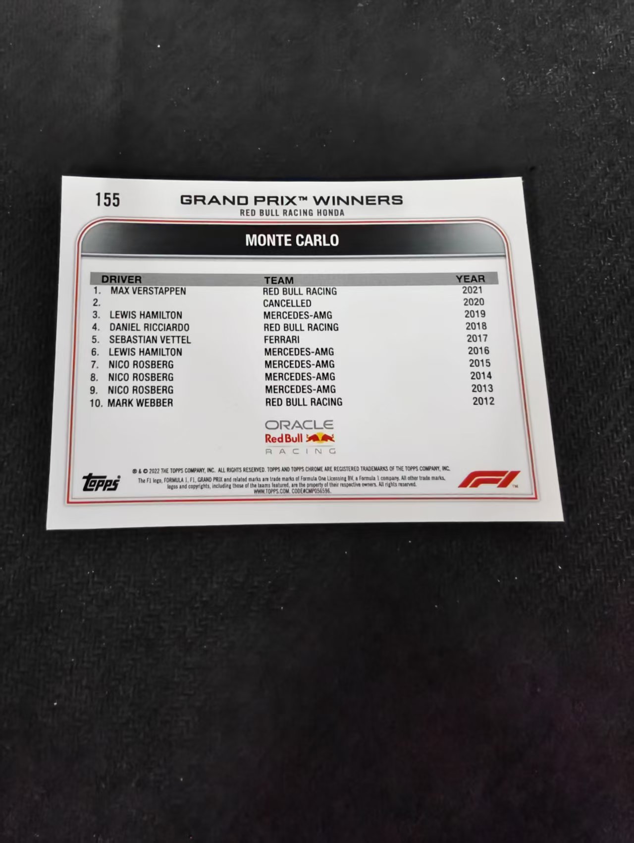 2022 Topps Chrome F1 Max Verstappen 维斯塔潘 红牛 划痕 边角瑕疵 #155