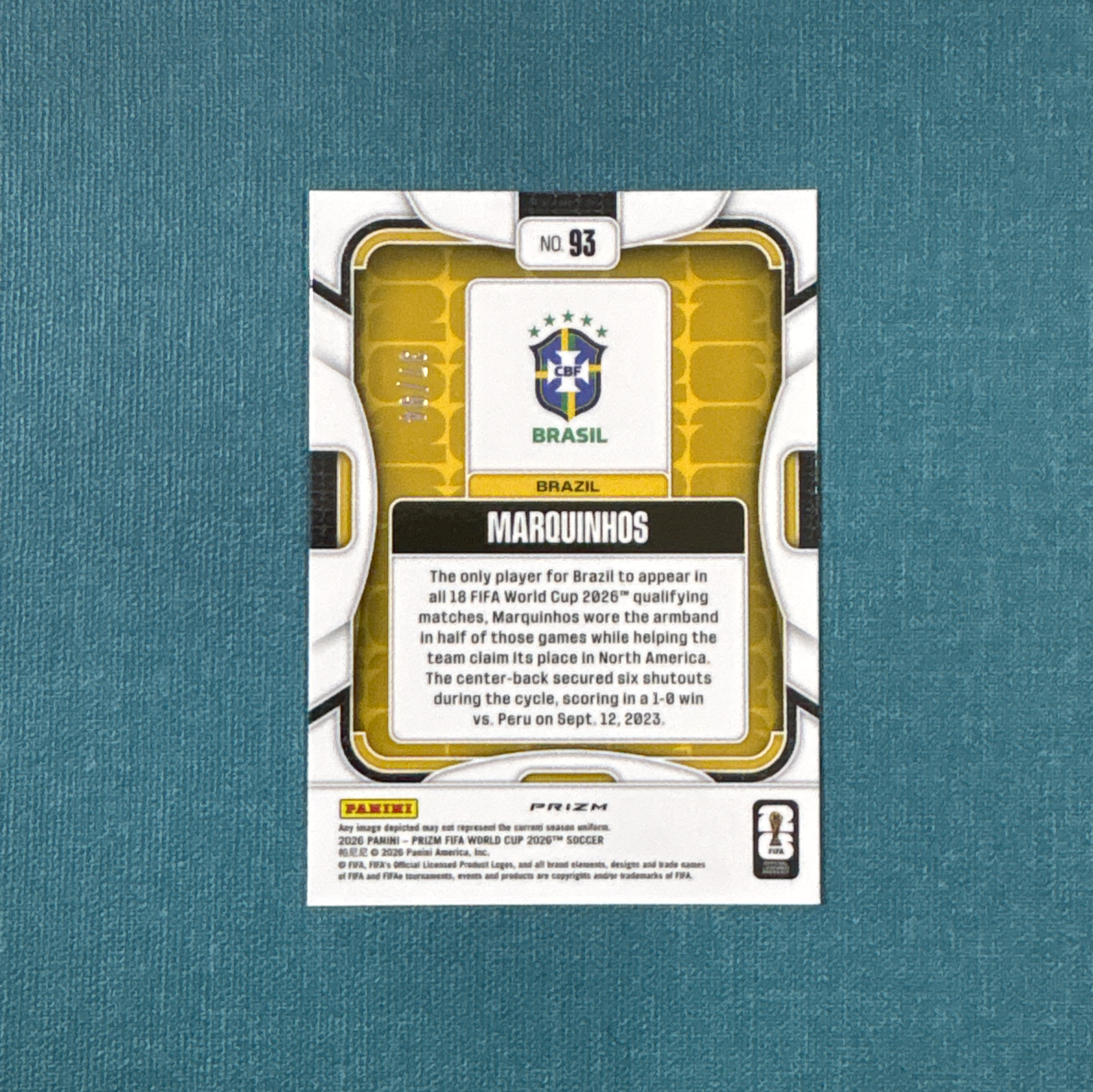 2026 Panini Prizm 世界杯PZ Marquinhos 马尔基尼奥斯 37/94编 星条折 巴西 巴黎圣日耳曼 卡品如图 JGG