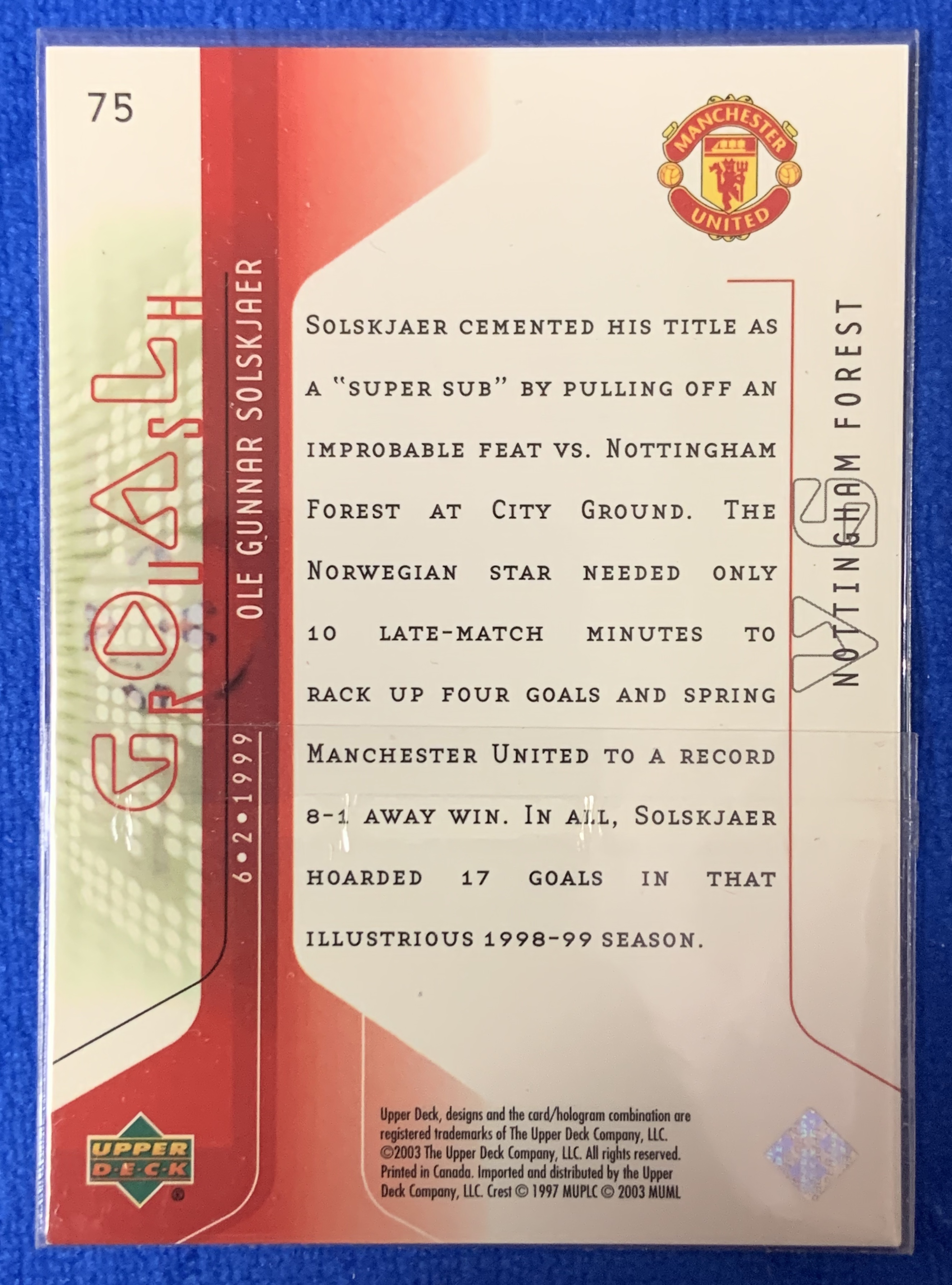 2003 Upper Deck Manchester United Ole Gunnar Solskjaer 亚德进球特卡 曼联 索尔斯克亚 三冠王 挪威Norway 经典老卡 不保卡品ebay有价