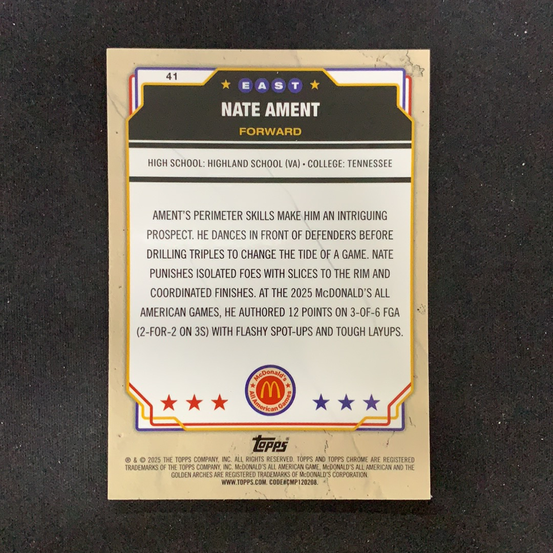 2025 Topps Chrome McDonald Nate ament 【SC拍卖】全美麦当劳 内特 阿门特 49/75编 蓝熔岩 收藏必备(贝卡)