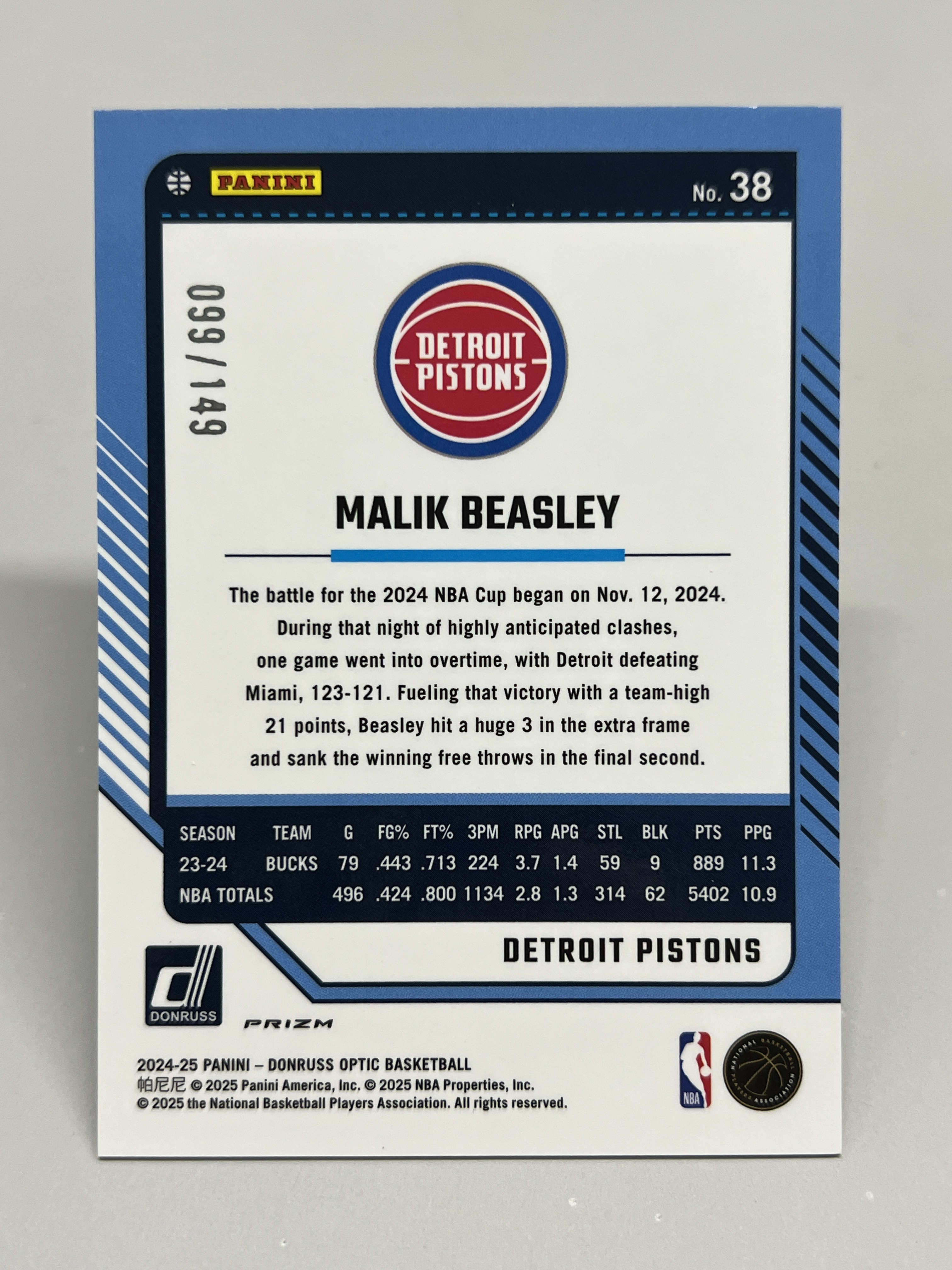 2024-25 Panini Donruss Optic Malik Beasley 【挂机拍卖】帕尼尼 杜蕾斯 OP 比斯利 活塞 99/149 绿折 折射 收藏 凑套 卡品如图