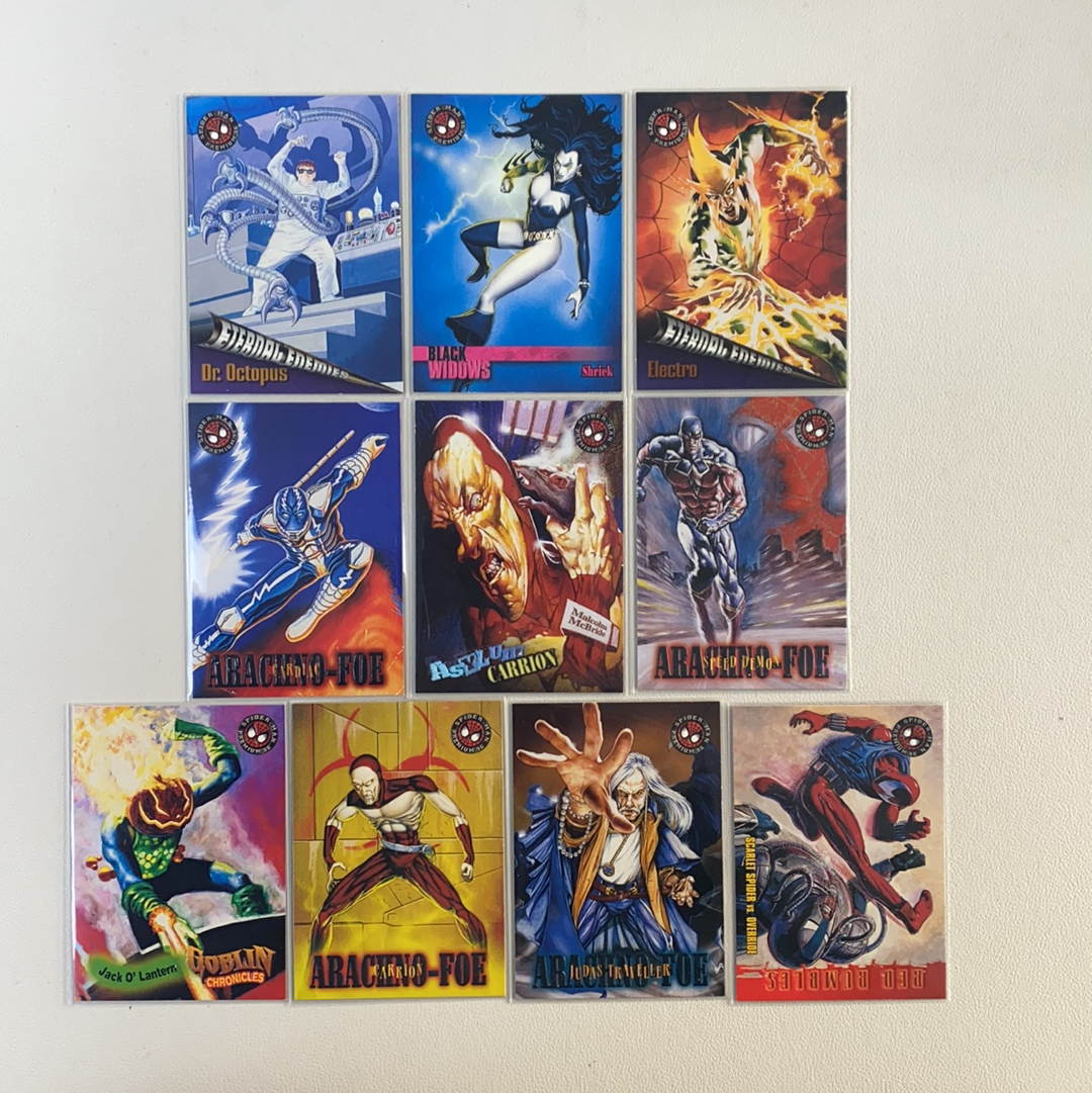 【弈卡代拍】1996 SkyBox Marvel (MCU) 漫威 Fleer Spider-Man 蜘蛛侠 永恒的恶魔工厂 浮雕logo 中古老卡 对战卡 10张打包 品相如图 收藏必备 无理
