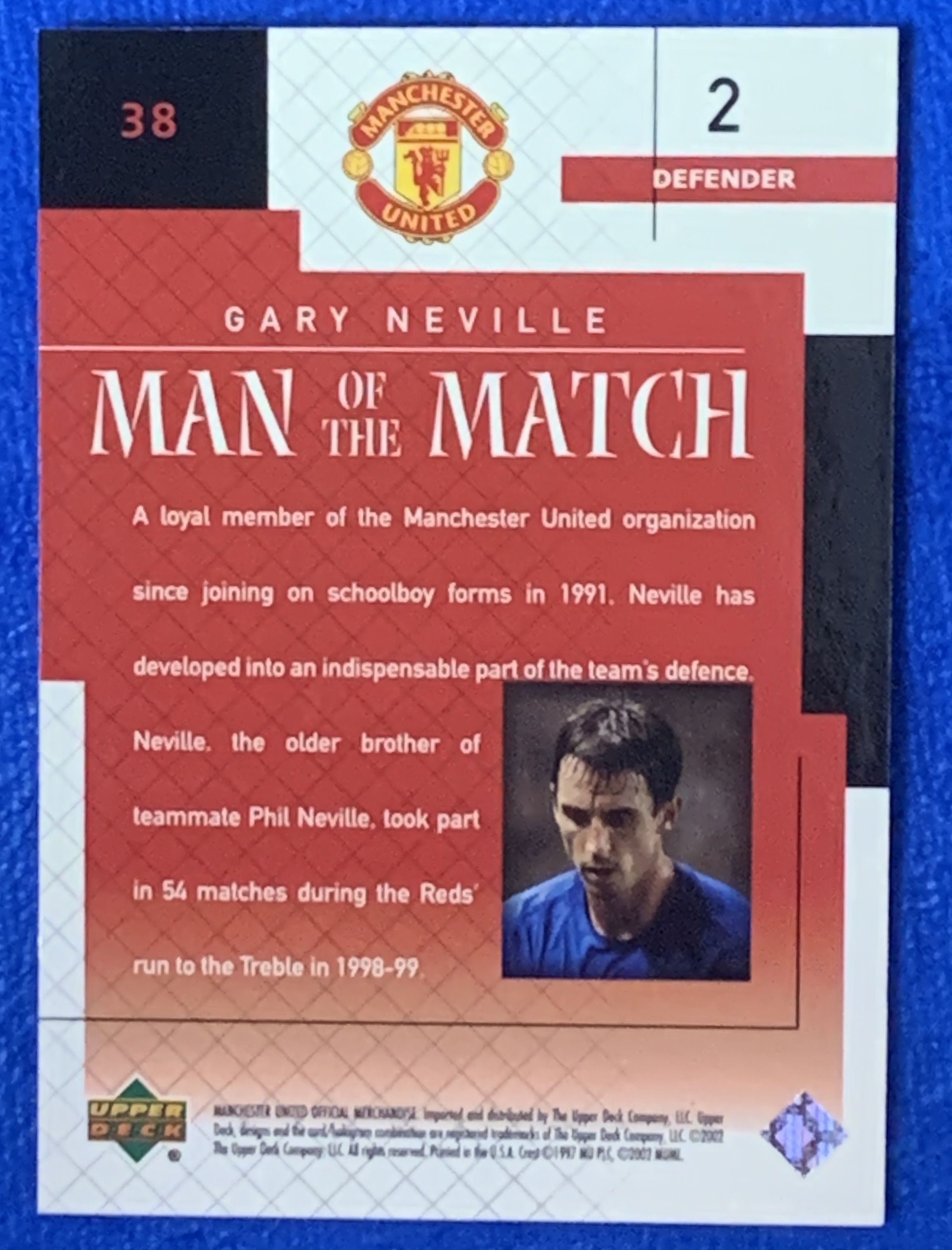 2002 Upper Deck Manchester United Gary Neville 亚德全场最佳特卡 曼联 加里内维尔 92班 三冠王 英格兰England 经典老卡 不保卡品 ebay有价