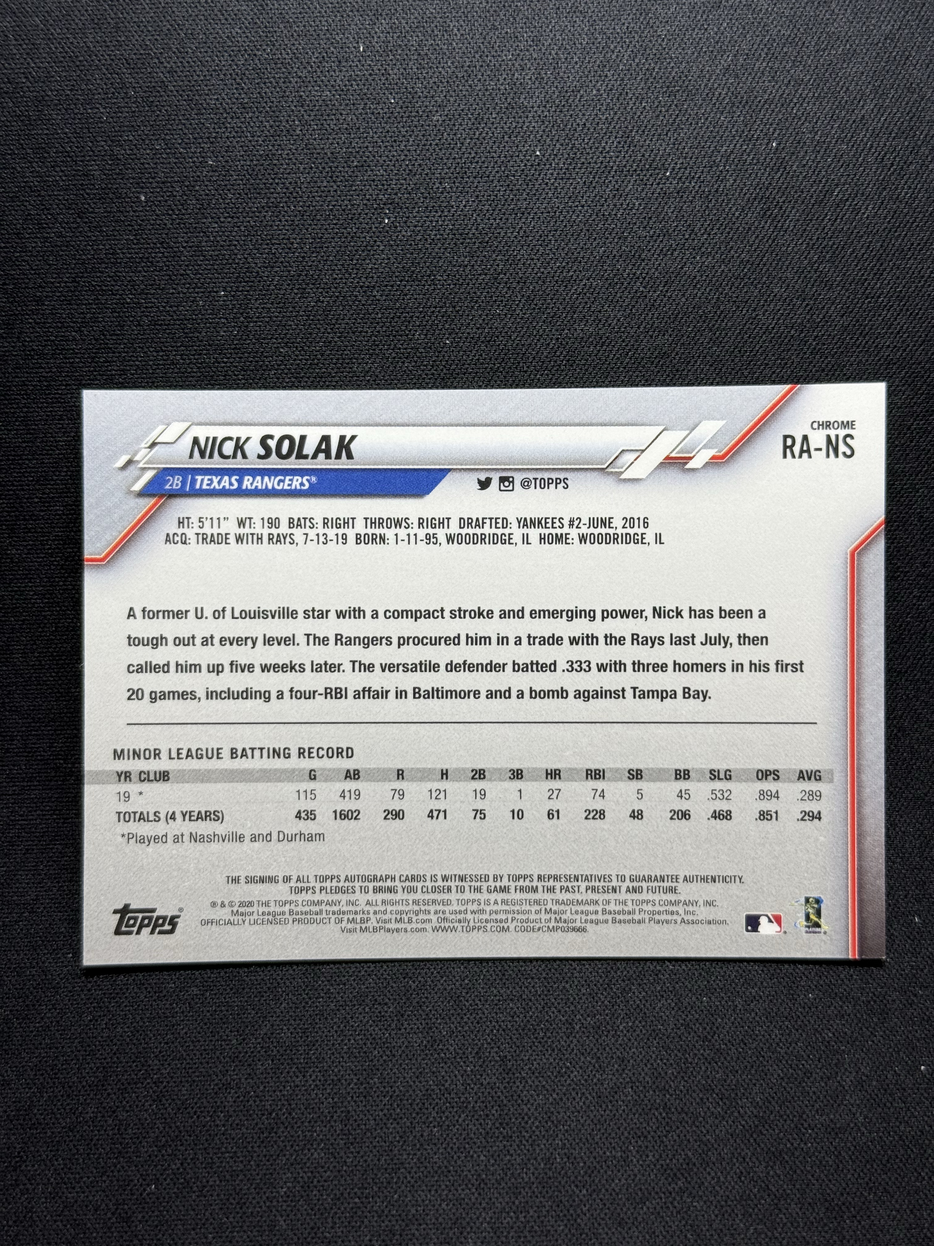 2020 Topps Chrome Nick Solak RC 【小贝代拍】棒球 MLb 新秀 德州游骑兵队 尼克 索拉克 签字 卡签 瑕疵如图 拍前看描述 H EW