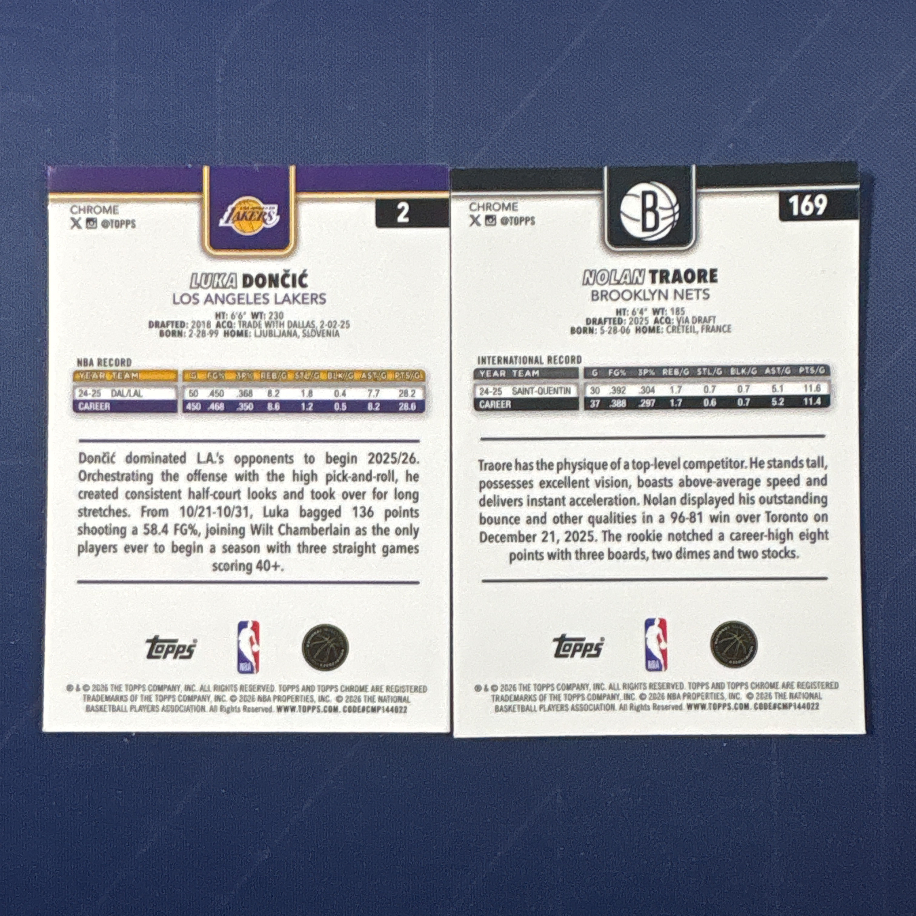 2025-26 Topps Chrome Luka Doncic Nolan Traore 【爆爆代卖】卢卡 东契奇 诺兰 特拉奥雷 RC新秀 湖人 篮网 银折 波纹折 熔岩折 2张Lot 如图 #黄