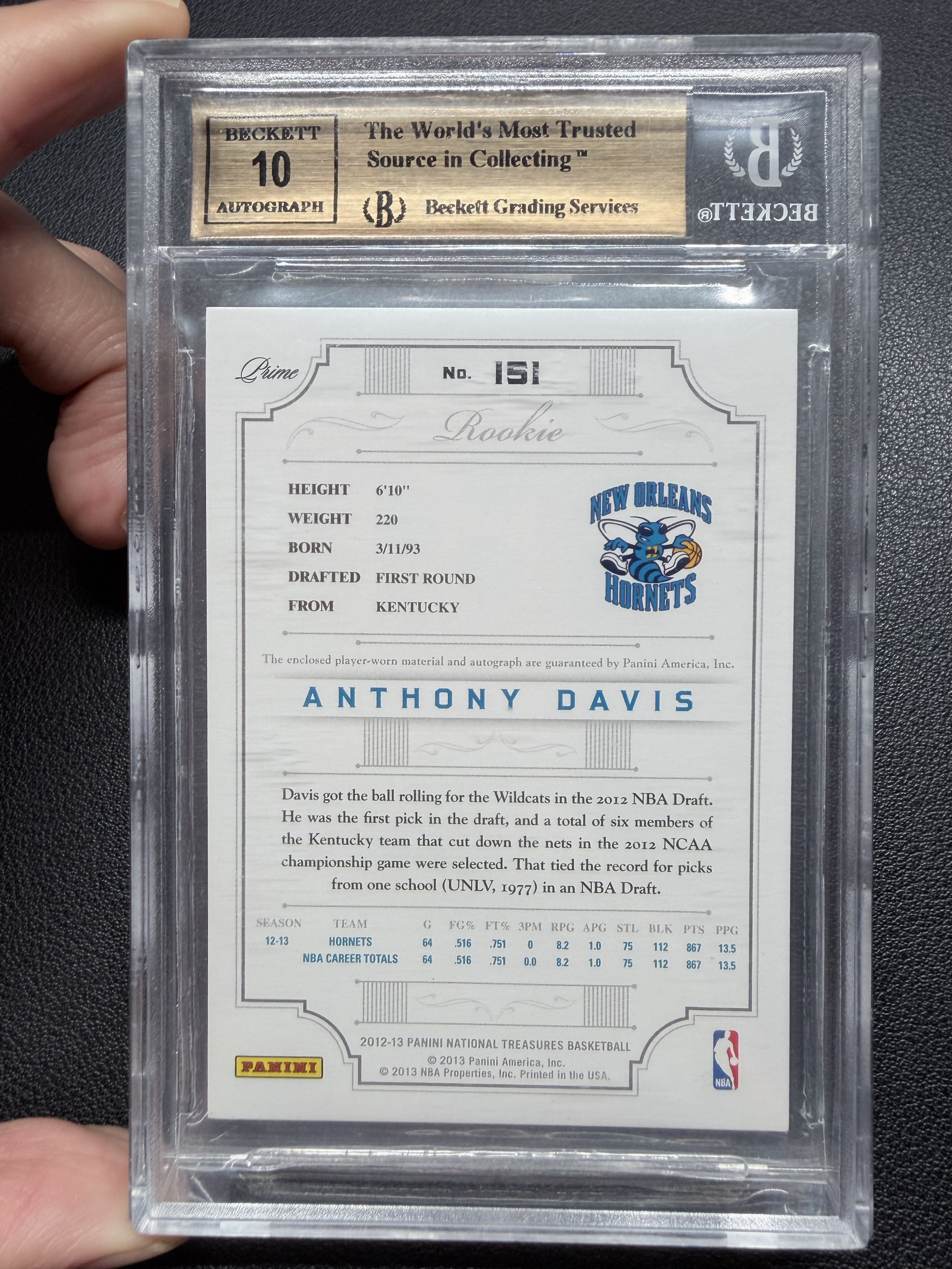 2012 Panini National Treasures Anthony Davis RC 安东尼戴维斯 浓眉 国宝199编 正RPA 新秀卡签 状元 亲穿球衣暴力切割 BGS9.5金标 签字10