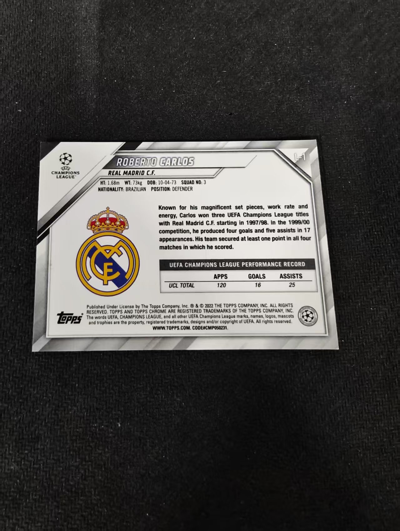 【可合并,不累计】2022 Topps Chrome Roberto Carlos 欧冠TC 皇家马德里 罗伯托 卡洛斯 银折 划痕 边角瑕疵 #L1