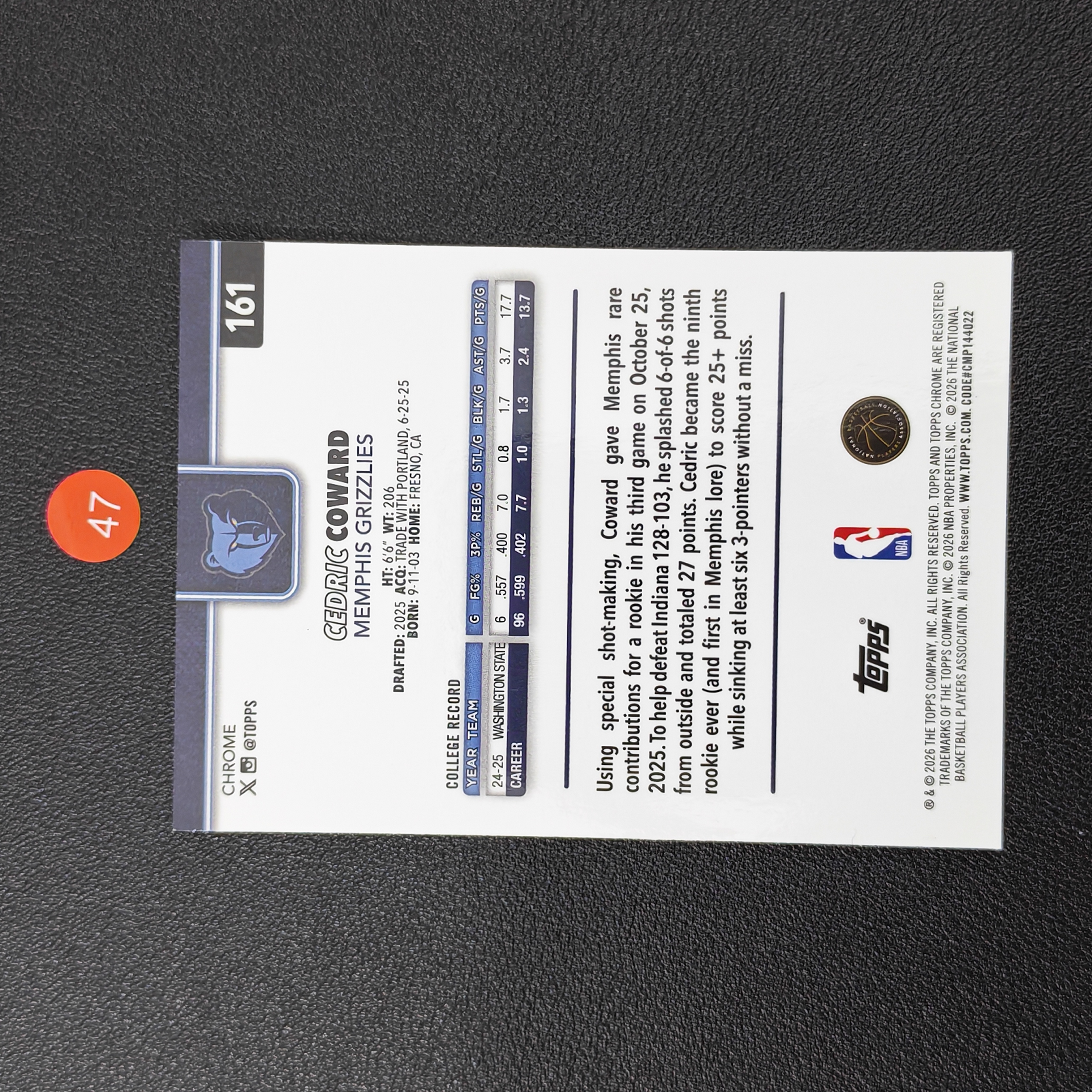 【鹰歌拍卖】塞德里克·考沃德 灰熊 银熔岩波纹折射 新秀RC|2026 Topps Chrome update 11号秀 3D侧翼 潜力新星 凑套必备 不保卡品 #momo