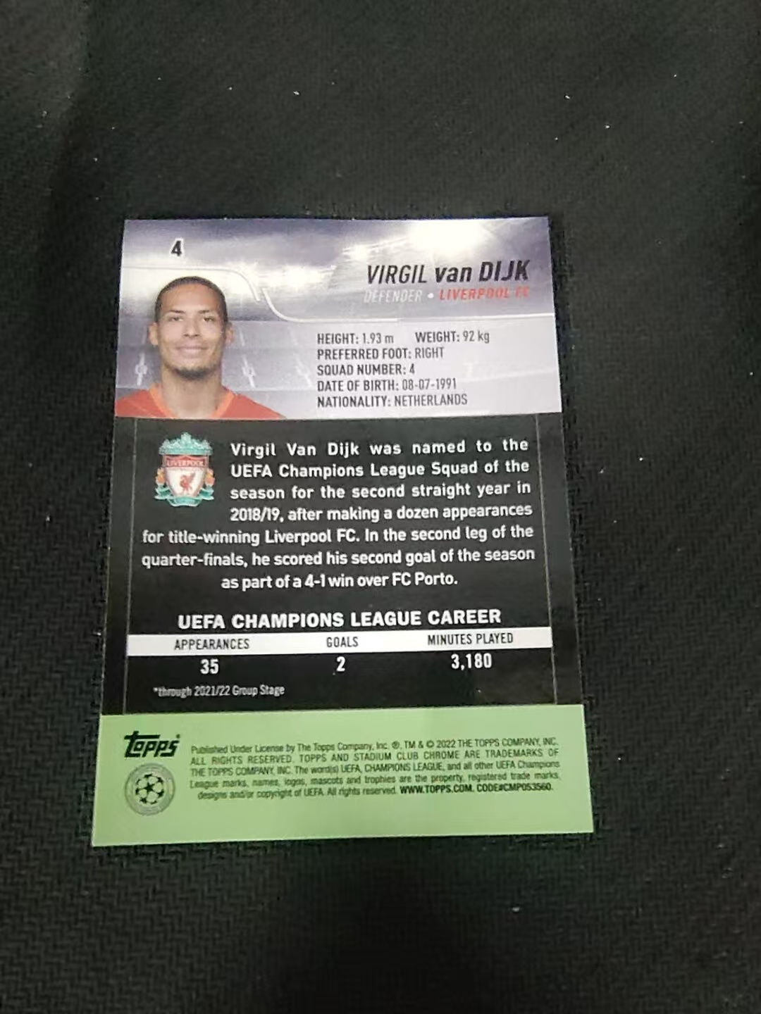 【可合并,不累计】2022 Topps Stadium Club Chrome Virgil van Dijk 范戴克 利物浦 竞技场 欧冠 划痕 边角瑕疵 #4