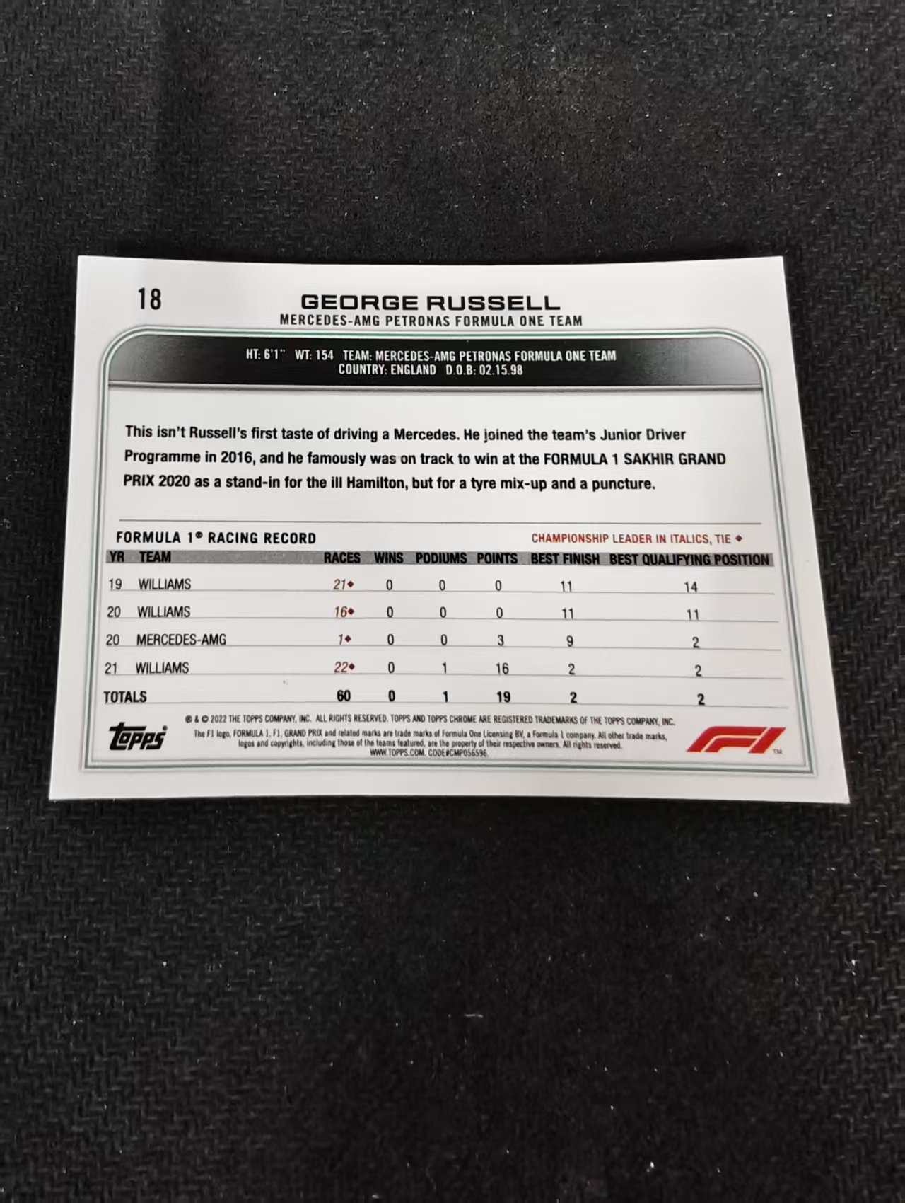 2022 Topps Chrome F1 George Russell 乔治 拉塞尔 梅奔 划痕 边角瑕疵#18