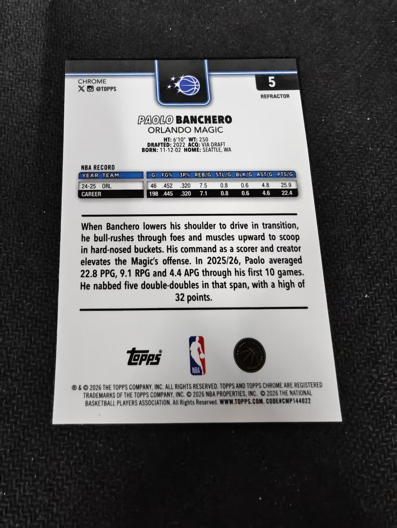 2026 Topps Chrome Update Paolo Banchero 魔术 保罗 班切罗 班凯罗 银折 TCU 划痕 边角瑕疵 #5