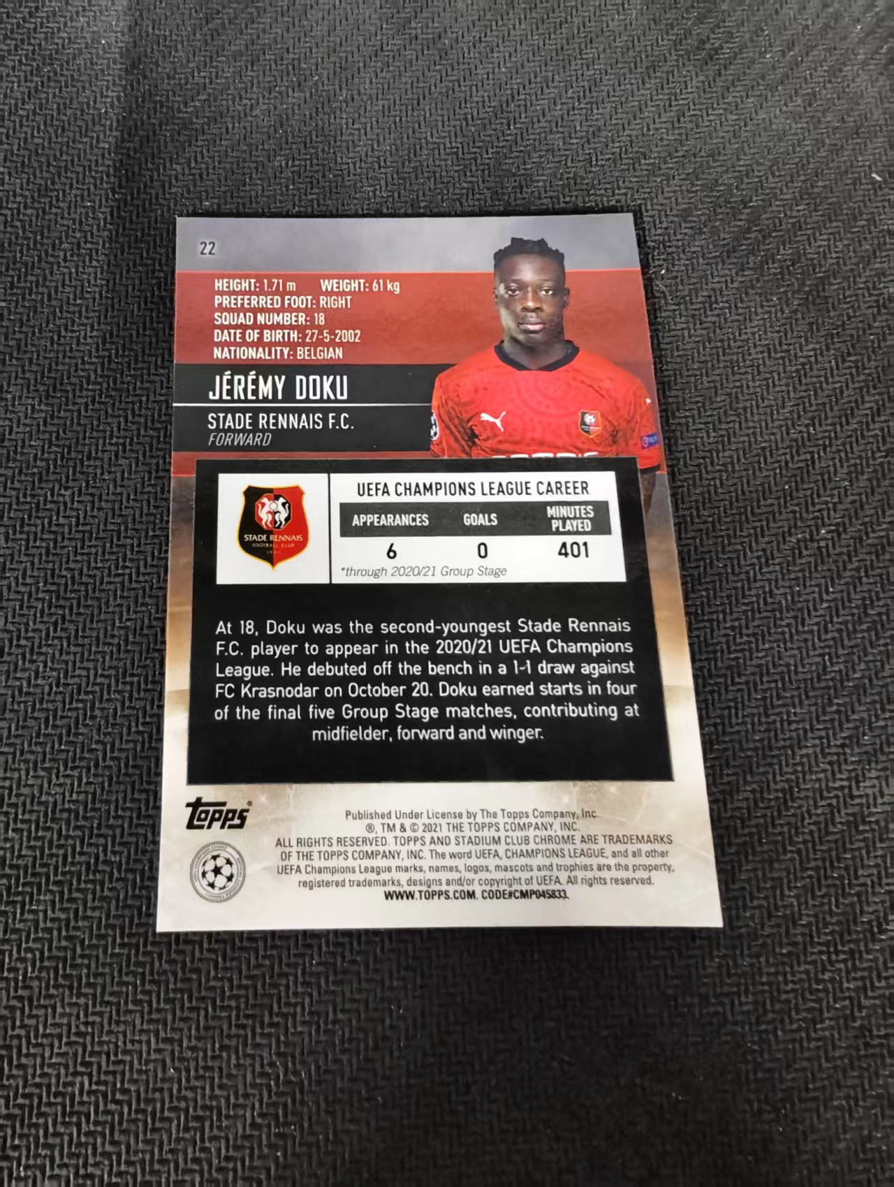 【可合并,不累计】2021 Topps Stadium Club Chrome Jeremy Doku 雷恩 热雷米 多库 新秀 RC 竞技场 欧冠 划痕 边角瑕疵 #22