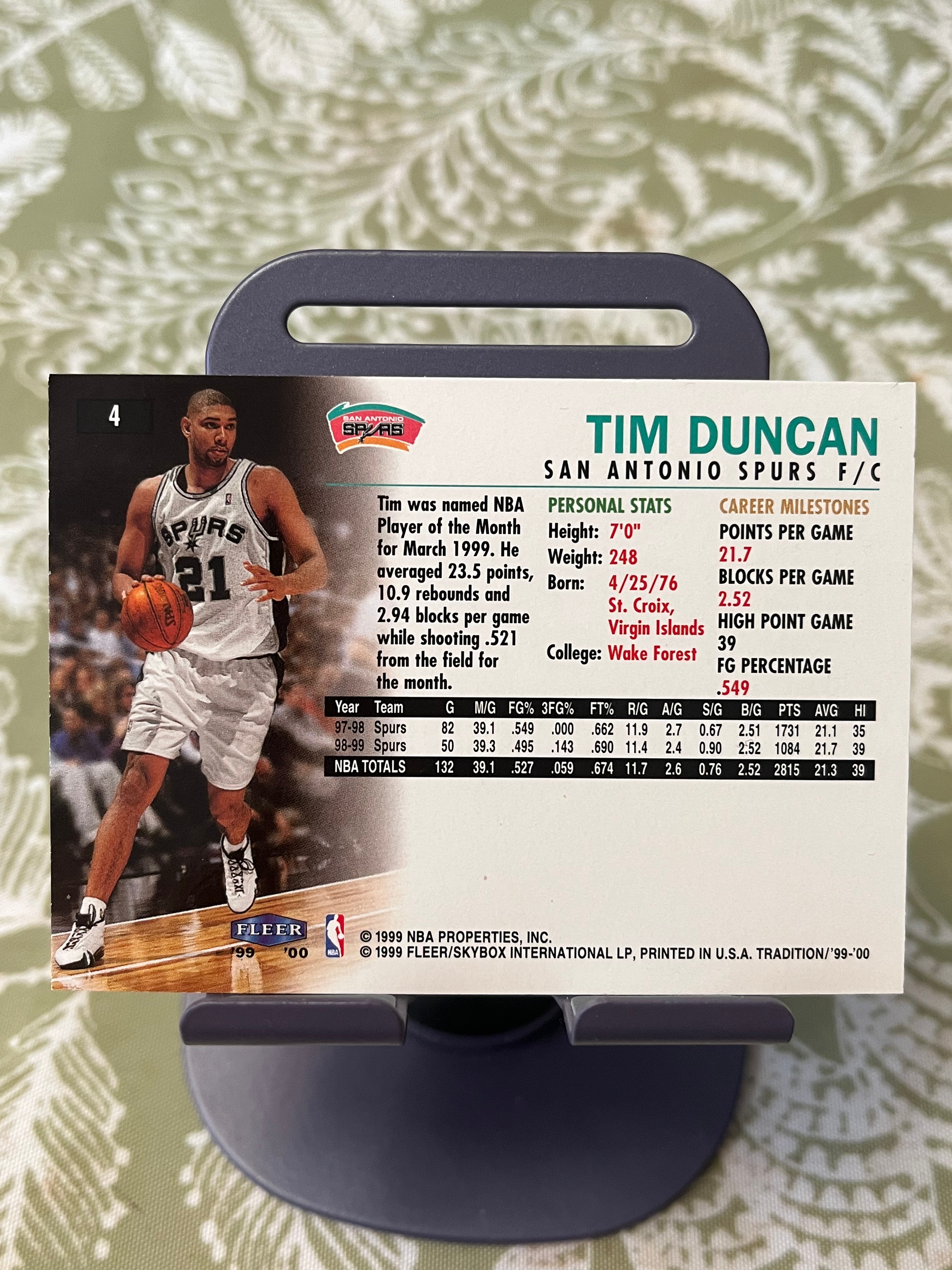 1999 Fleer 老卡 老特 Tim Duncan 蒂姆 邓肯 石佛 马刺【西部全明星 对决加内特 红标】【边角瑕疵如图 介意勿拍】#1190