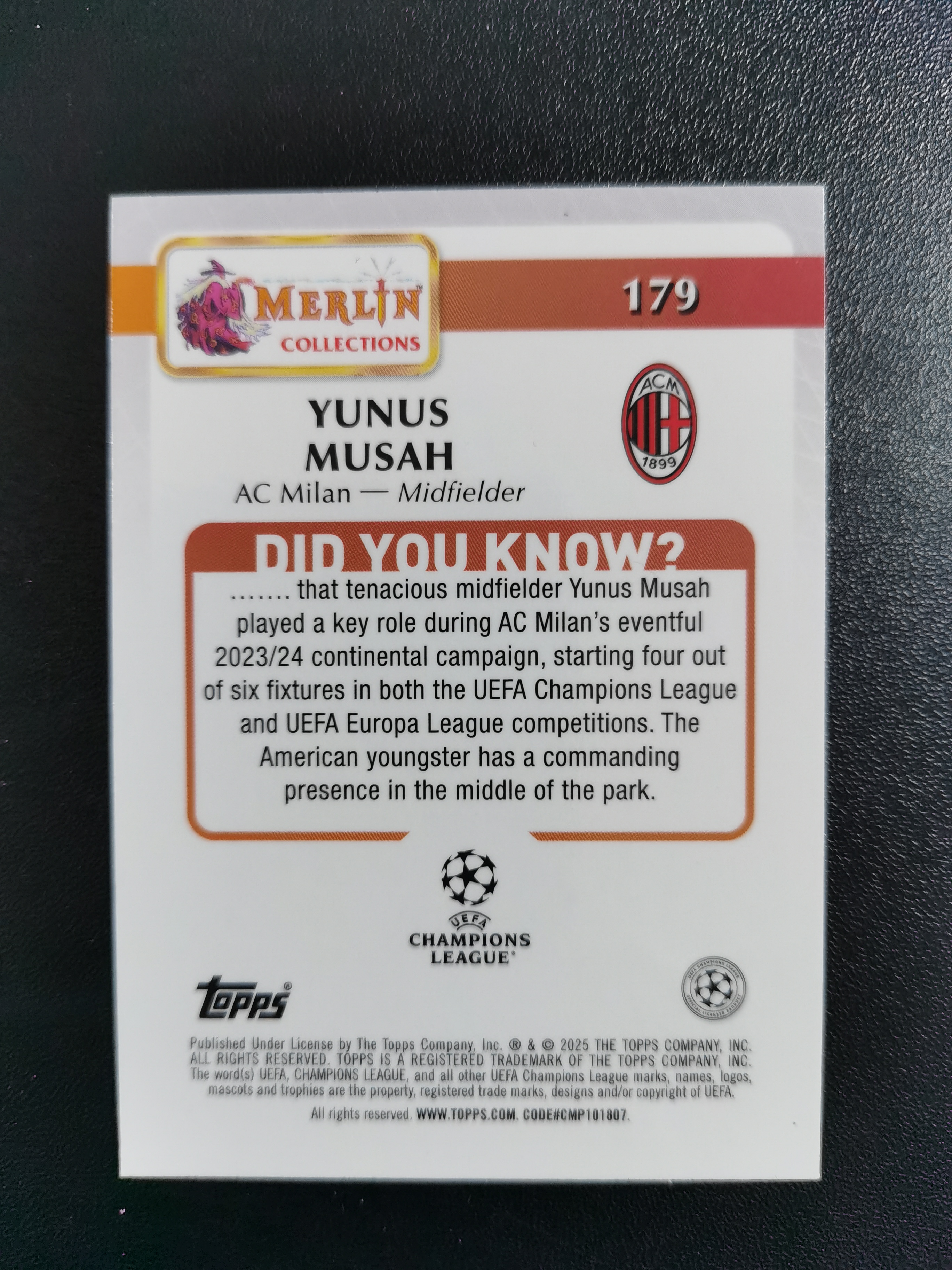 2025 Topps Chrome Yunus Musah 穆萨 AC米兰 梅林碎冰折 欧冠 收藏凑套 卡品如图 免费代拍(JJ168)