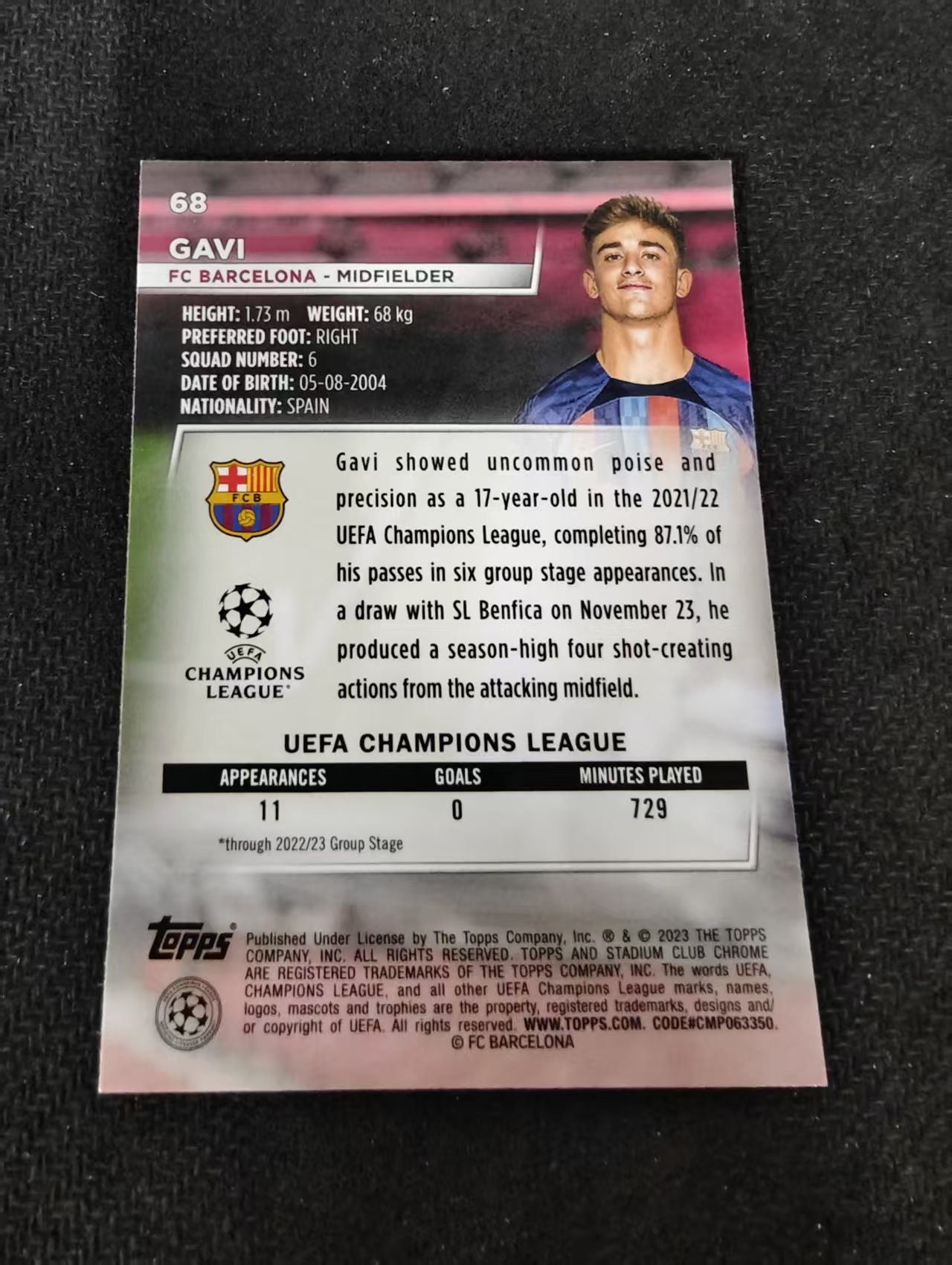 【可合并,不累计】2023 Topps Stadium Club Chrome Gavi 加维 巴塞罗那 巴萨 西班牙金童 欧冠 竞技场 不保卡品 介意勿拍 #68