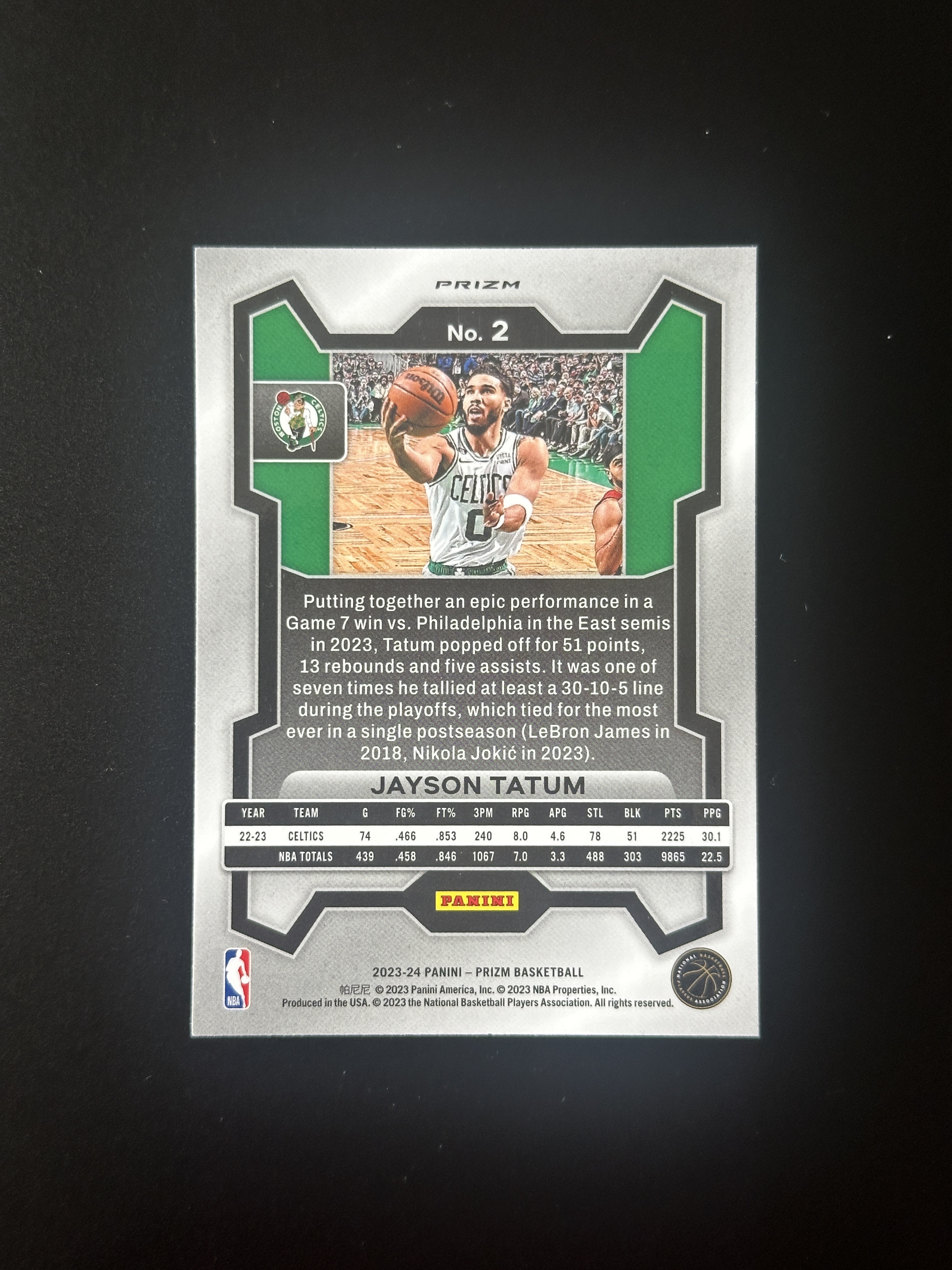 2023-24 Panini Prizm Jayson Tatum PZ 凯尔特人 杰森 塔图姆 编号2 银折 折射 收藏必备 卡品如图