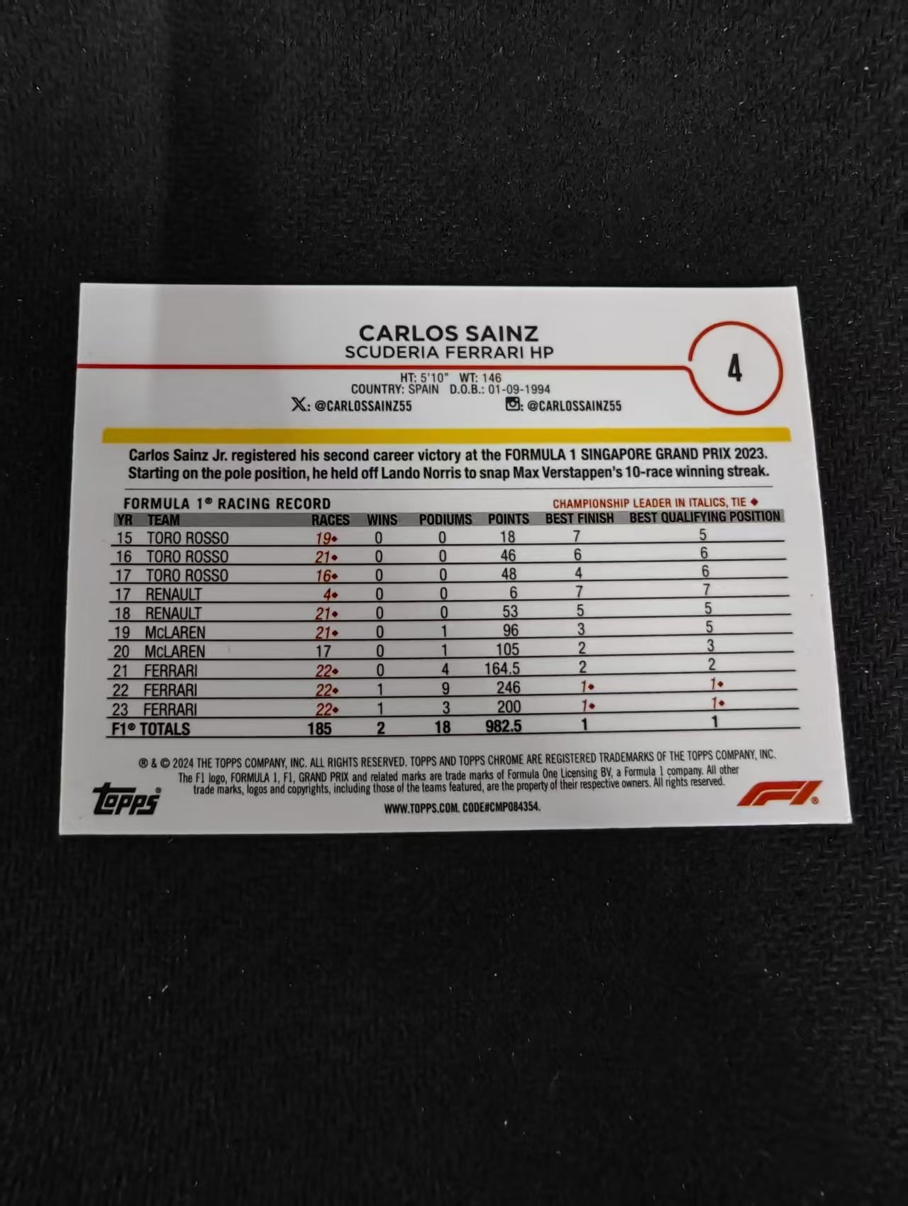 2024 Topps Chrome Carlos Sainz 卡洛斯 赛恩斯 法拉利车队 F1 划痕 边角瑕疵 #4