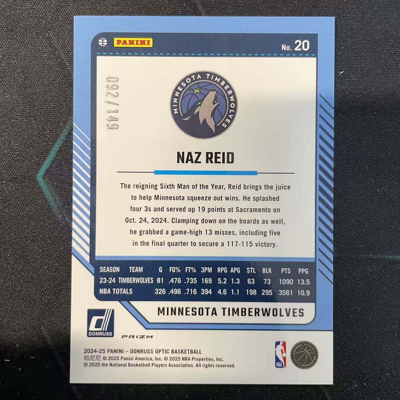 2024-25 Panini Donruss Naz Reid 【阿福代卖】纳兹 里德 森林狼 杜蕾斯op 绿折 149编 收藏必备(行行行A)