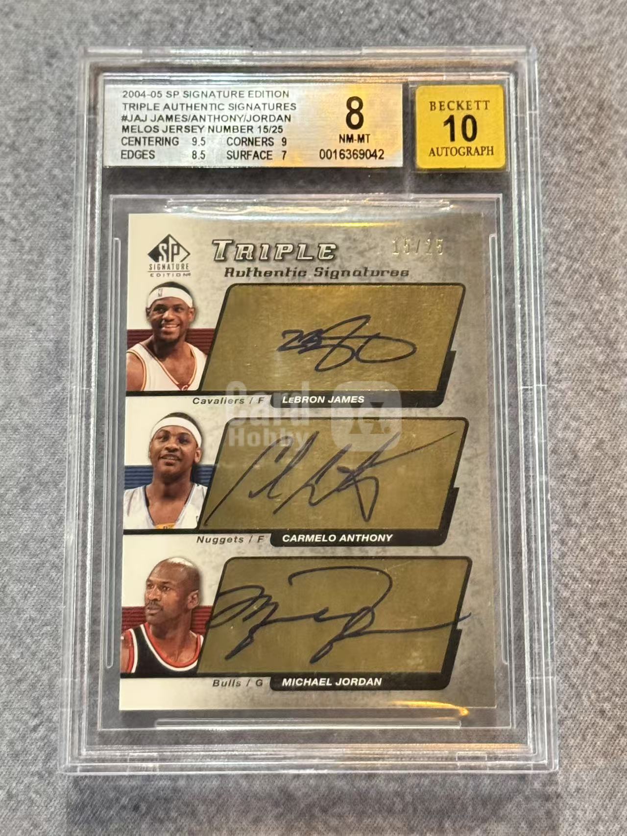 2004 Upper Deck SP Michael Jordan 【悟吉塔代拍】迈克尔乔丹、詹姆斯、安东尼三人签字卡签15/25编BGS8签字10,安东尼同背，稀有笔迹蓝无断字褪色Yami(62)