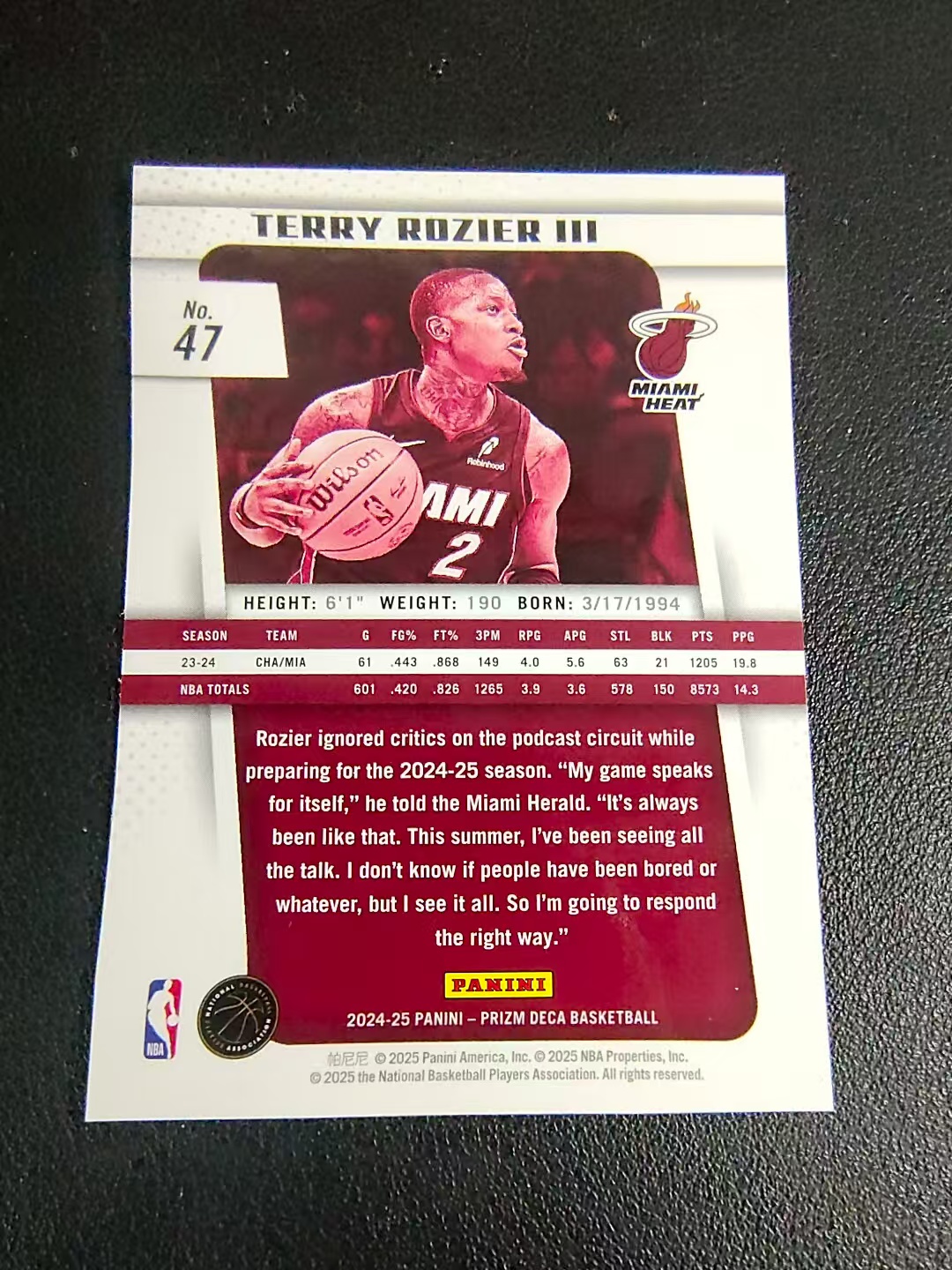 【可合并,不累计】2024-25 Panini Prizm DECA Terry Rozier 罗齐尔 复古系列 热火 PZ 划痕 边角瑕疵 #47