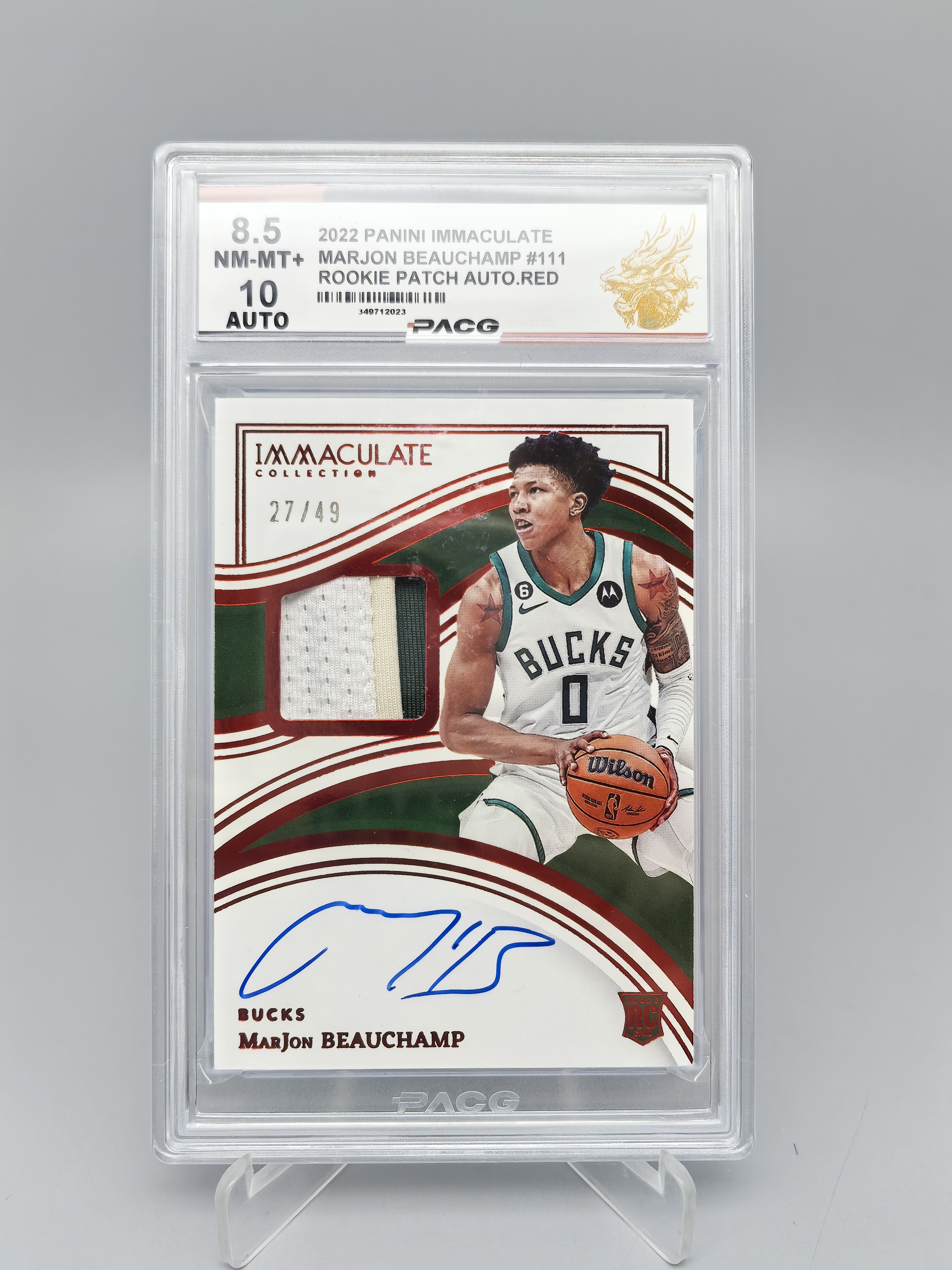 【坚果卡牌代拍】2022-23 Panini Immaculate MarJon Beauchamp RC 爱咪咪 雄鹿 新秀 马乔恩 比彻姆 /49编 签字卡签 三色球衣物料 红平 阿顺1027