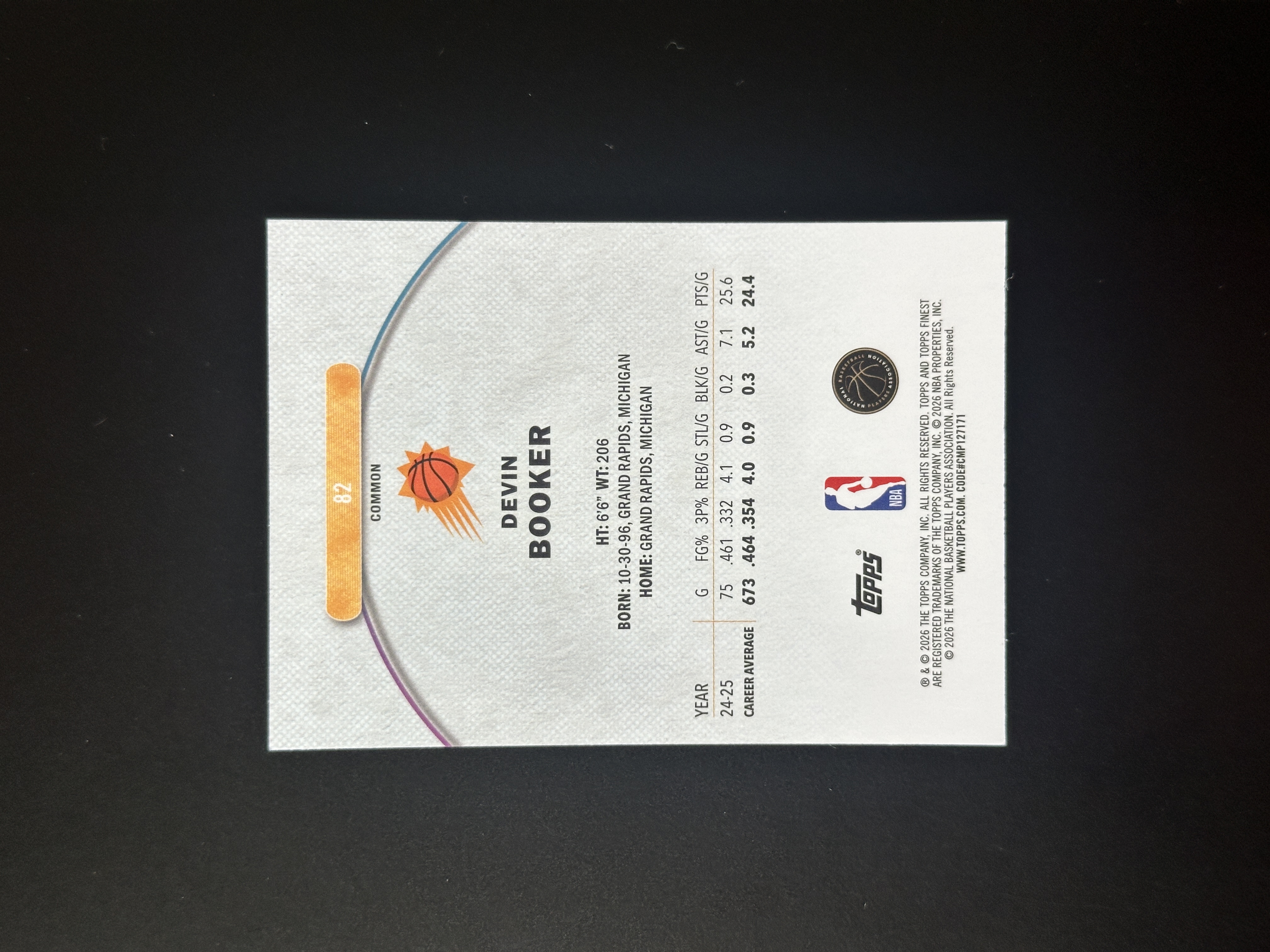 2026 Topps Finest Devin Booker 太阳 布克 德文 编号82 油漆折 涂鸦折 收藏必备 卡品如图