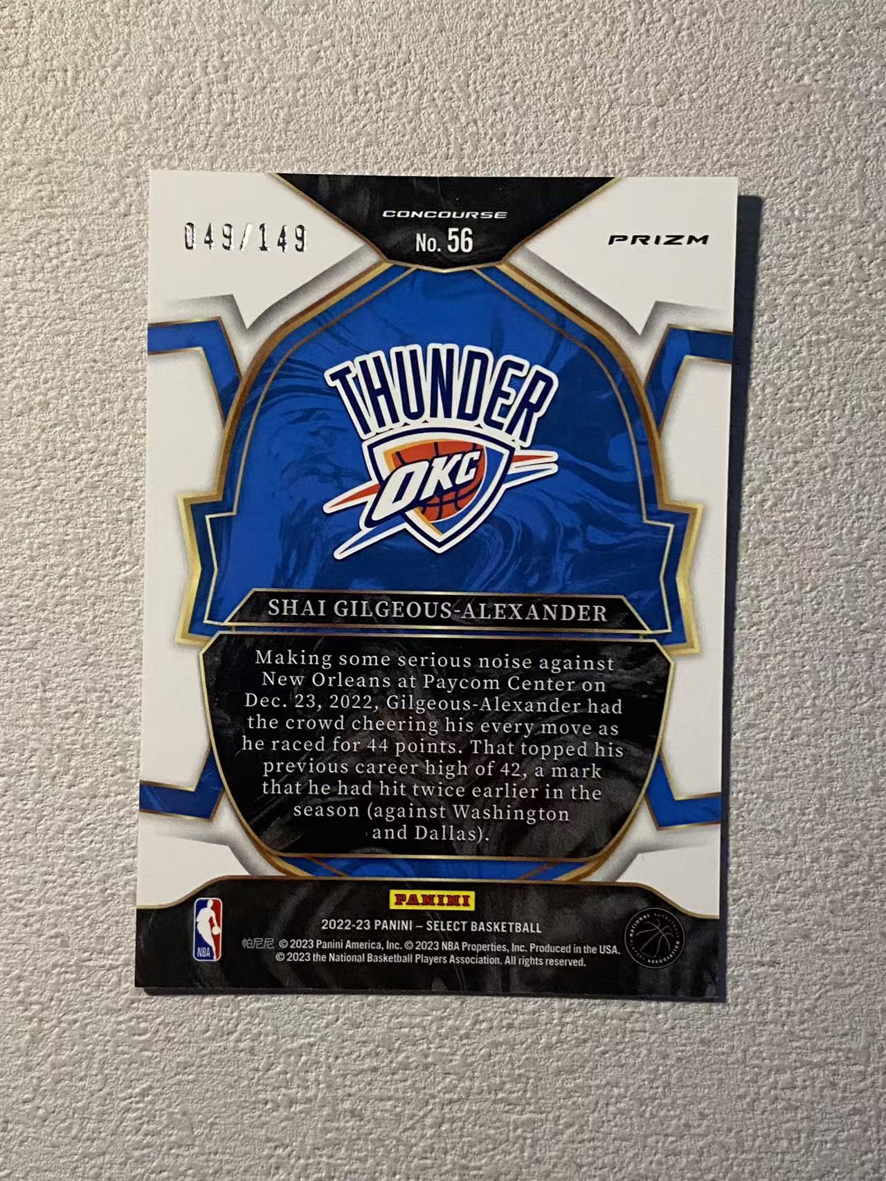 2022-23 Panini Select Shai Gilgeous-Alexander 雷霆 亚历山大 sga /149编 大比例 白折 折射 瑕疵如图 收藏必备