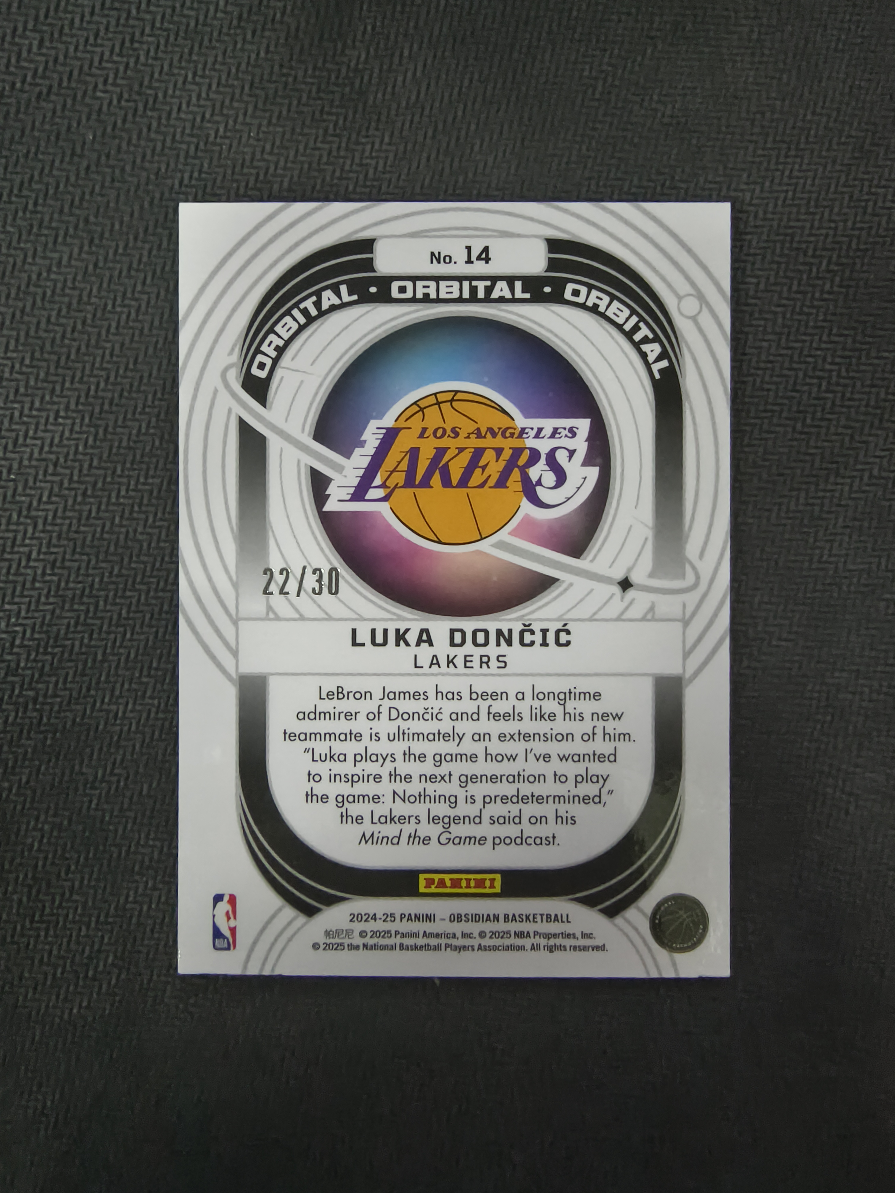 2024-25 Panini Obsidian Luka Doncic 黑曜石 湖人 卢卡 东契奇 少见湖人皮 22/30编 冰火碎冰折 轨道特卡 卡品如图 收藏必备 柏