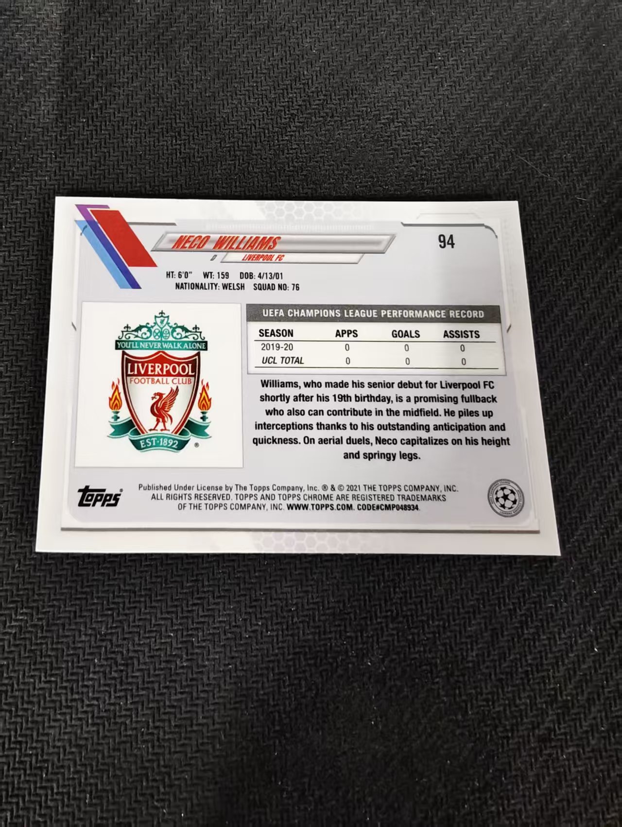 【可合并,不累计】2021 Topps Chrome Neco Williams 欧冠 利物浦 内科威廉姆斯 新秀 RC 划痕 边角瑕疵 @94