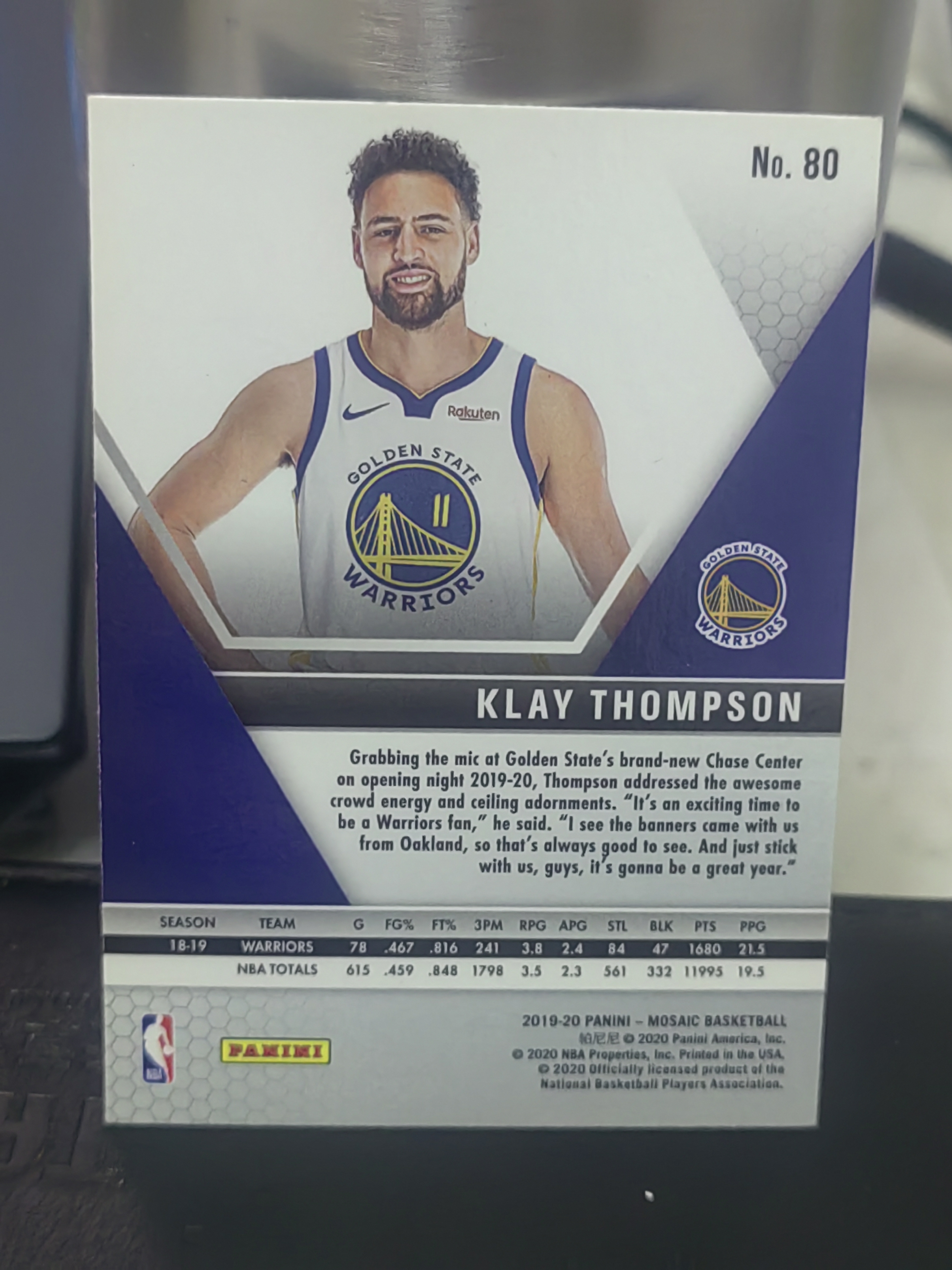 2019-20 Panini Mosaic Klay Thompson 马赛克 克莱 汤普森 勇士 篮 白边白角 不保卡品 卡品如图