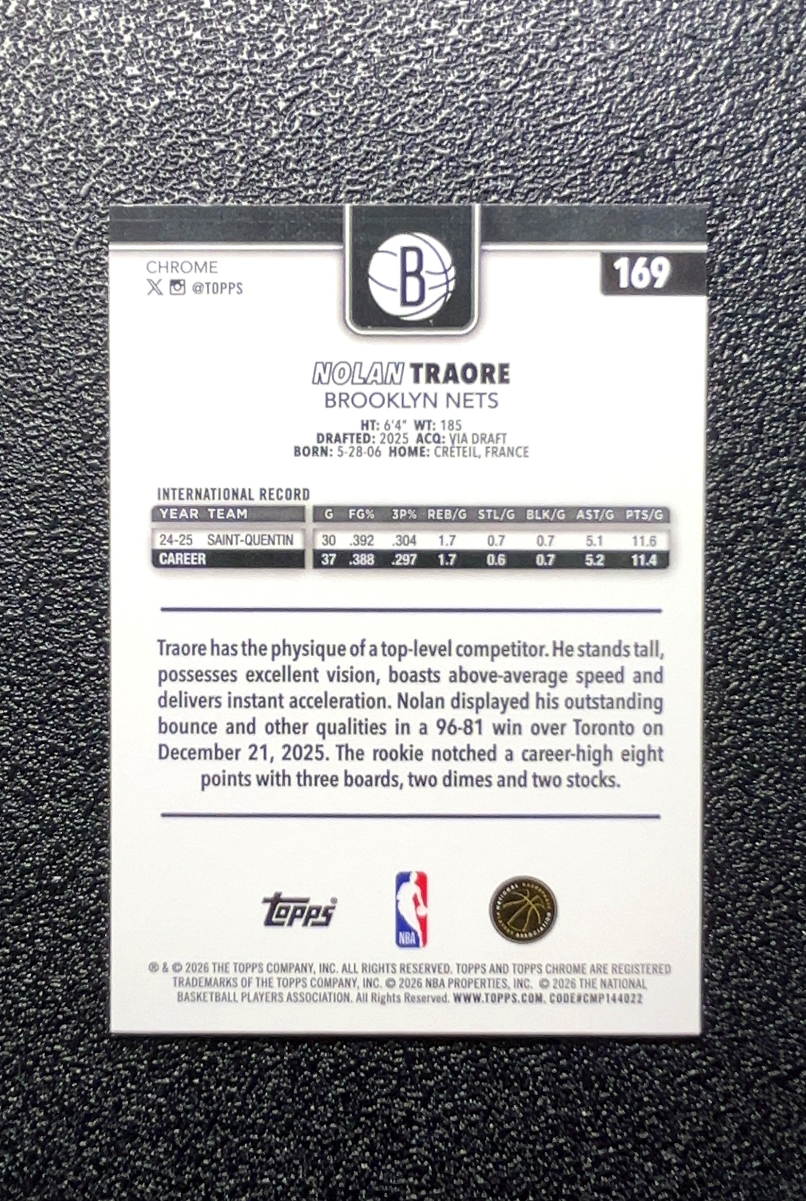 【岛屿拍卖】2022 Topps Chrome Nolan Traore 诺兰·特拉奥雷 银折 折射 新秀 RC 卡品如图 高价值 #169 Brooklyn Nets 布鲁克林篮网 0012#42