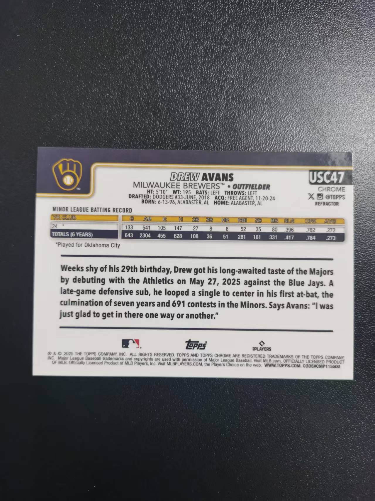 2025 Topps Chrome Drew Avans 德鲁阿凡斯 新秀RC TC棒球 MLB 折射 收藏凑套 卡品如图 免费代拍CC16