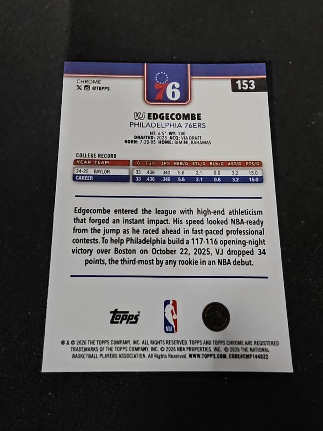 2026 Topps Chrome Update VJ Edgecombe VJ·埃奇库姆 76人 新秀 RC TCU 划痕 边角瑕疵 #153