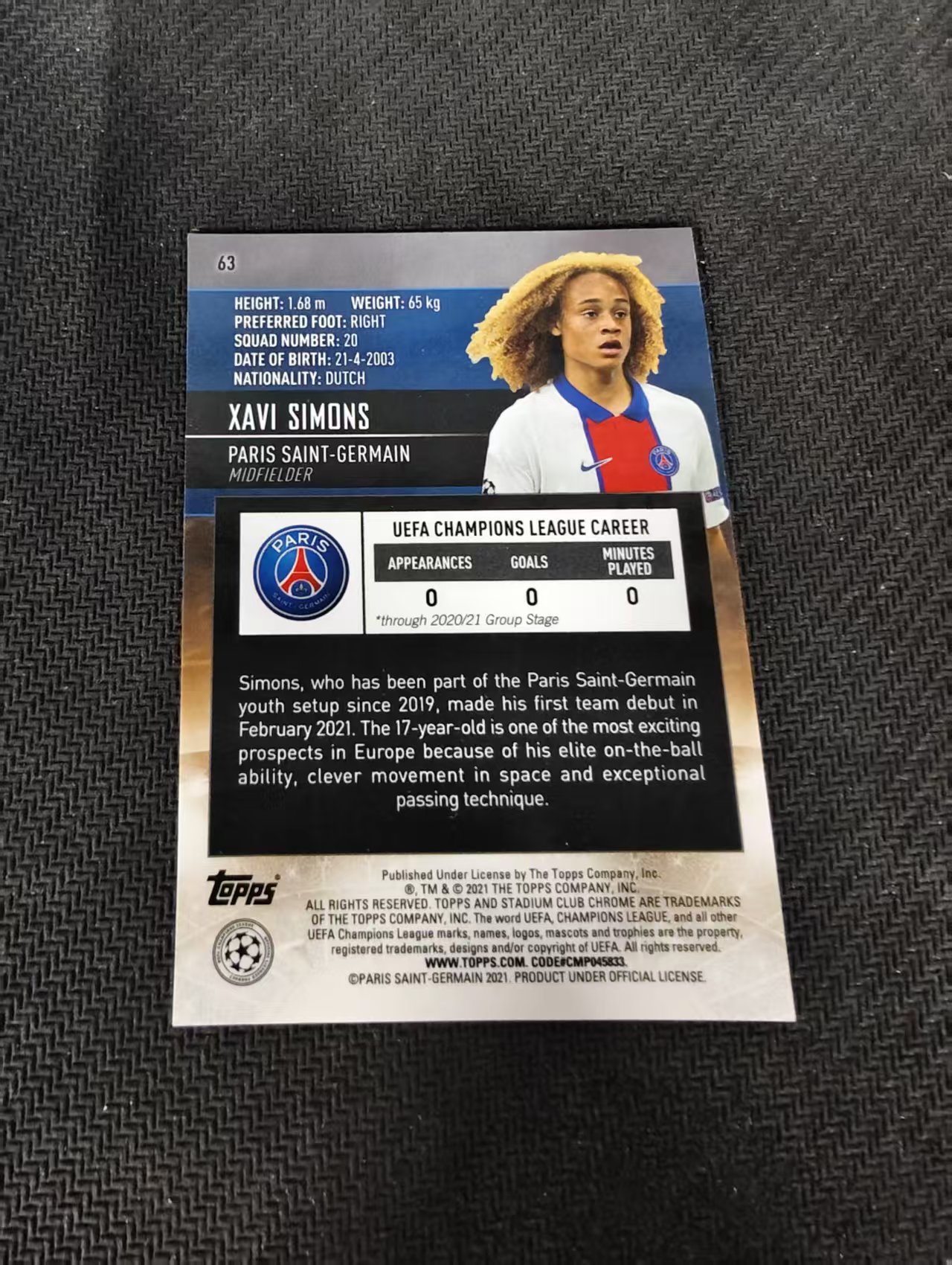 【可合并,不累计】2021 Topps Stadium Club Chrome Xavi Simons RC 大巴黎 哈维 西蒙斯 新秀 竞技场 欧冠 划痕 边角瑕疵 #63