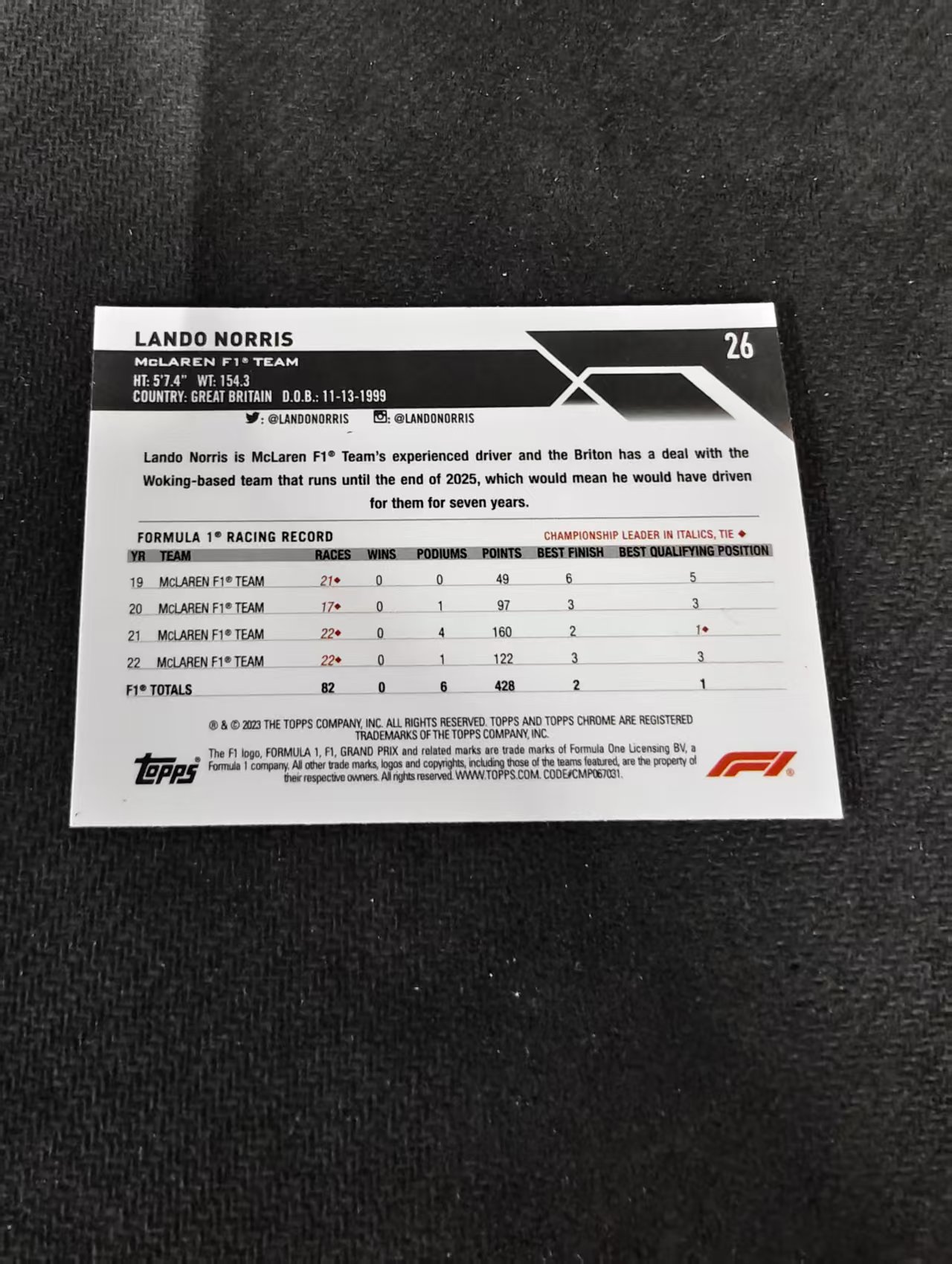 2023 Topps Chrome Lando Norris 兰多 诺里斯 F1 划痕 边角瑕疵 #26