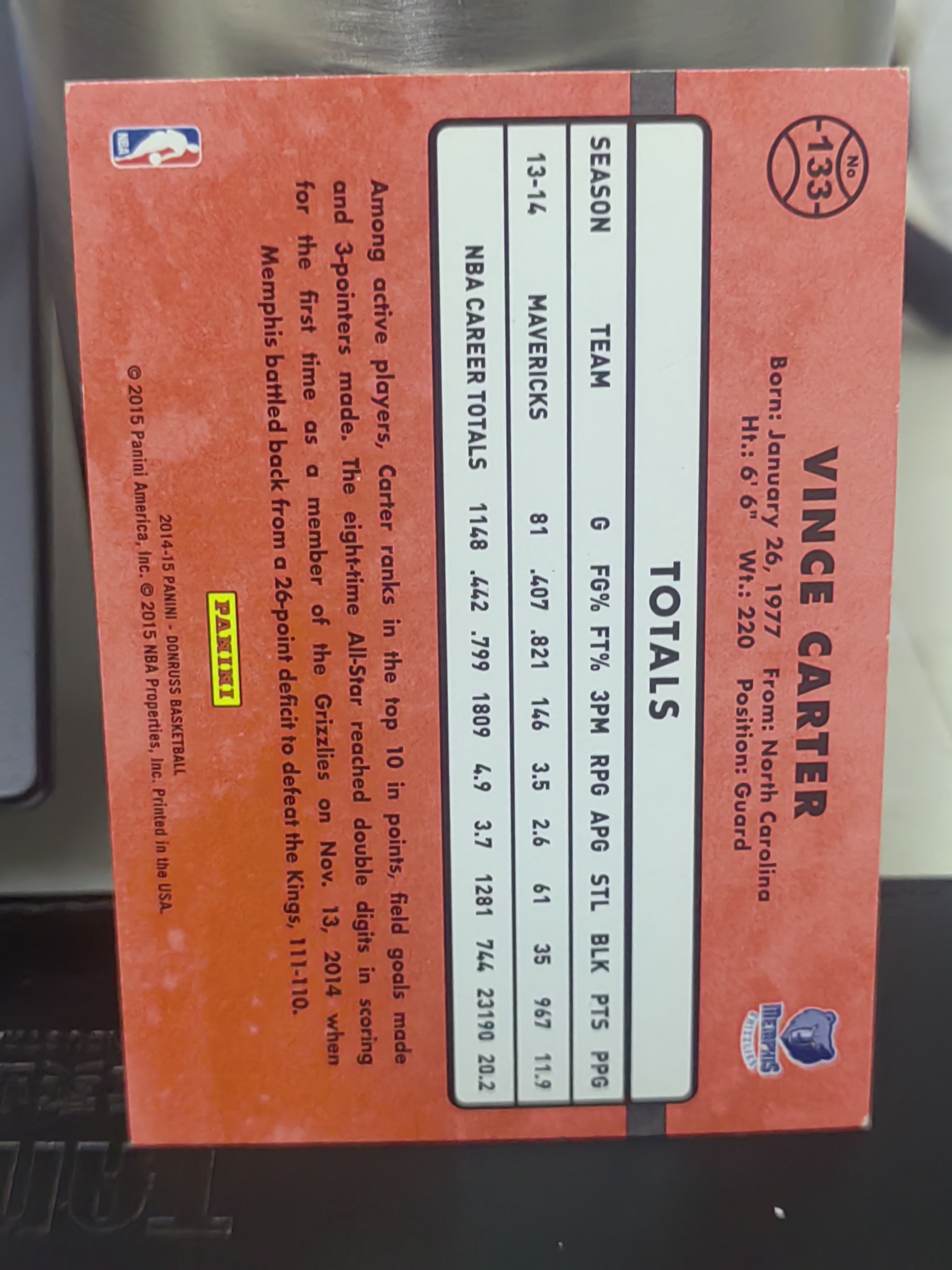 2014-15 Panini Donruss Vince Carter 杜蕾斯 文斯 卡特 灰熊 篮 白边白角 不保卡品 卡品如图