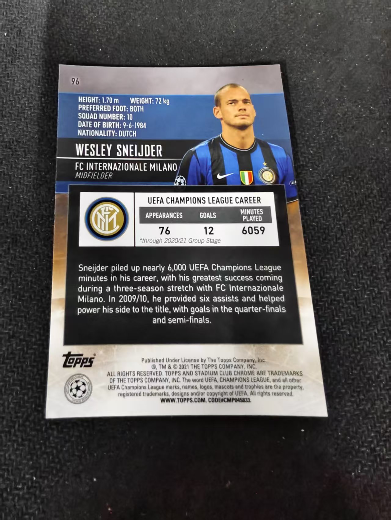 【可合并,不累计】2021 Topps Stadium Club Chrome wesley sneijder 韦斯利 斯内德 竞技场 欧冠 划痕 边角瑕疵 #96