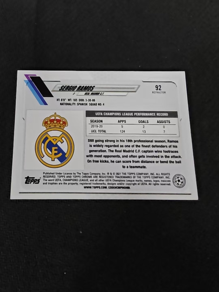 【可合并,不累计】 2021 Topps Chrome Sergio Ramos 塞尔吉奥 拉莫斯 水爷 皇家马德里 欧冠 银折 划痕 边角瑕疵 #92