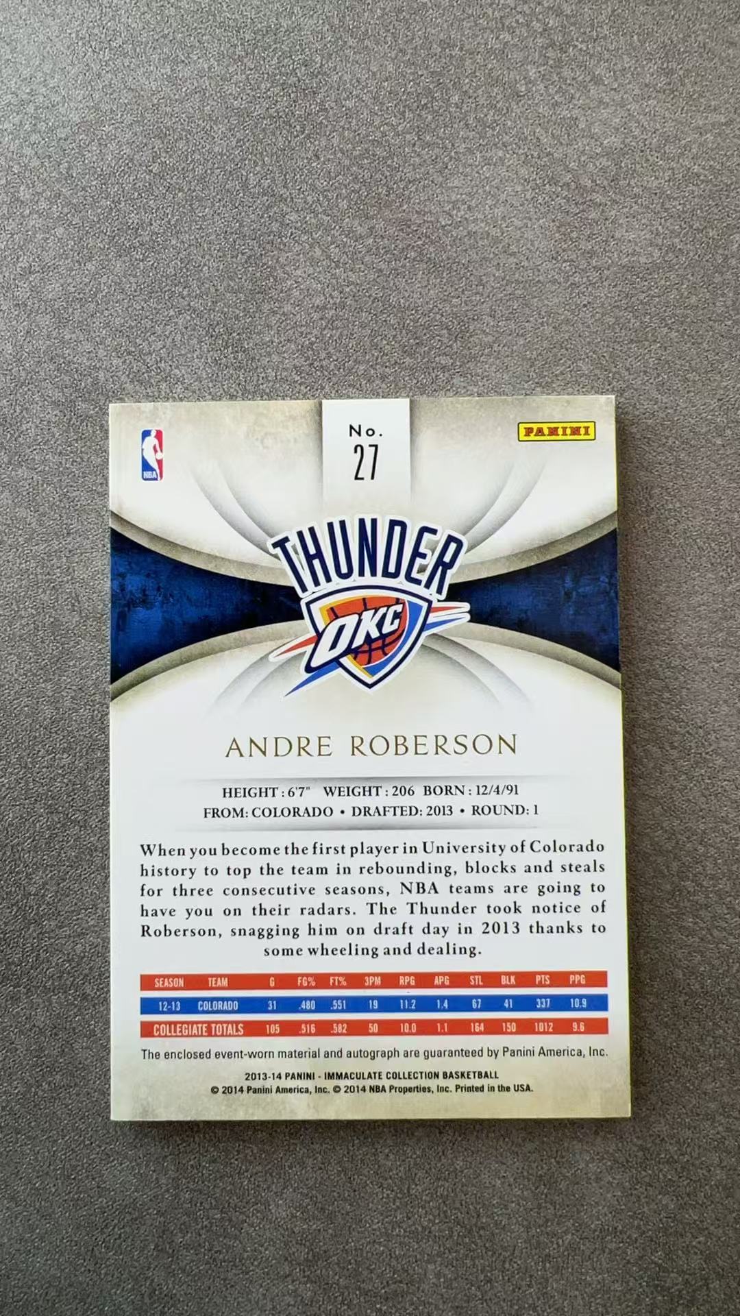 5901【330球星卡实体店代卖】2013-14 帕尼尼 IMM 安德烈 罗伯森 Andre Roberson 雷霆 新秀RC logoman签 RLA 1/1编 1OF1 签字 卡签(UK23)