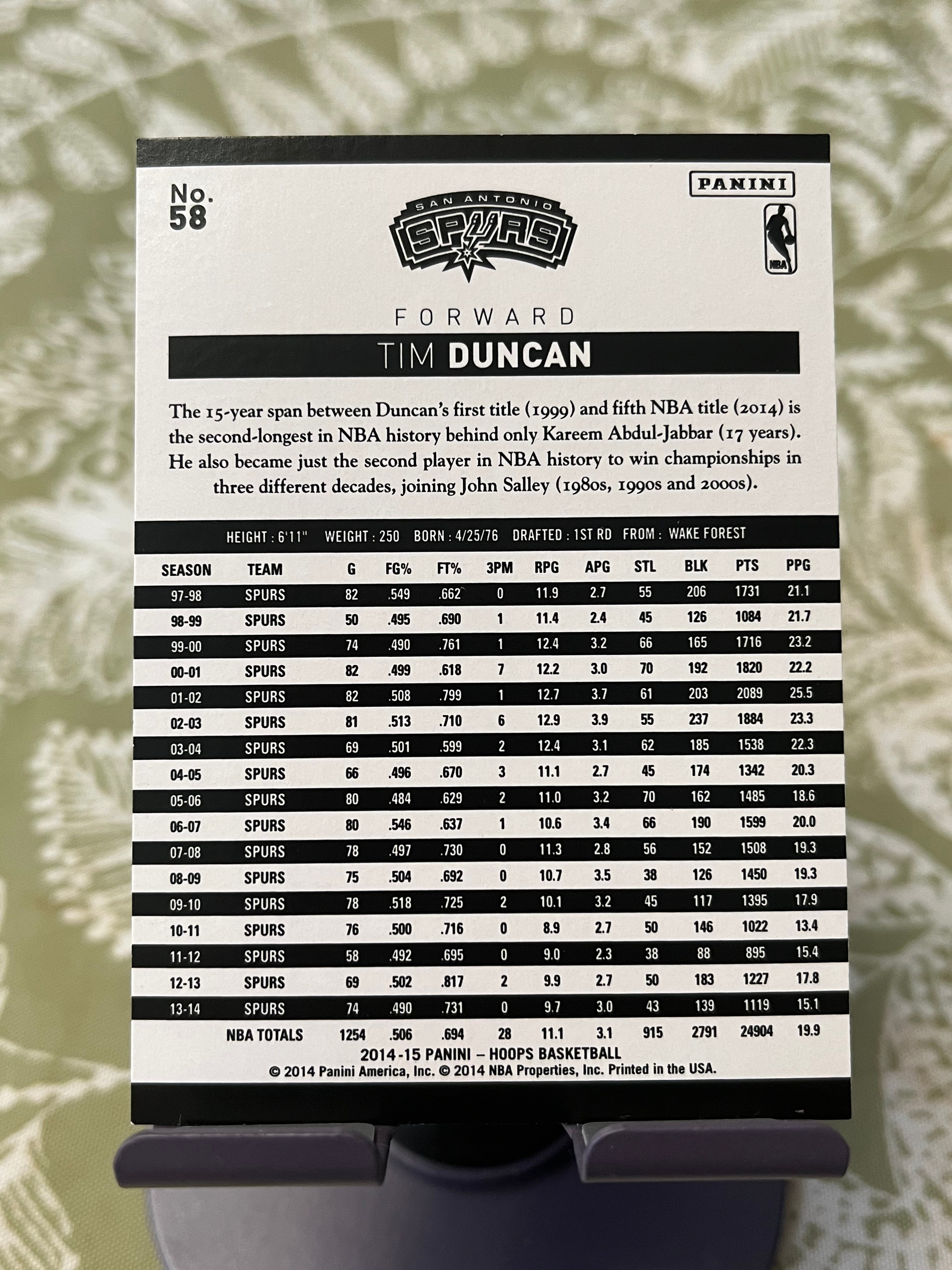 2014-15 Panini Hoops Tim Duncan 蒂姆 邓肯 石佛 马刺【折射 碎金背景 对决格里芬】【边角瑕疵如图 介意勿拍】#1182